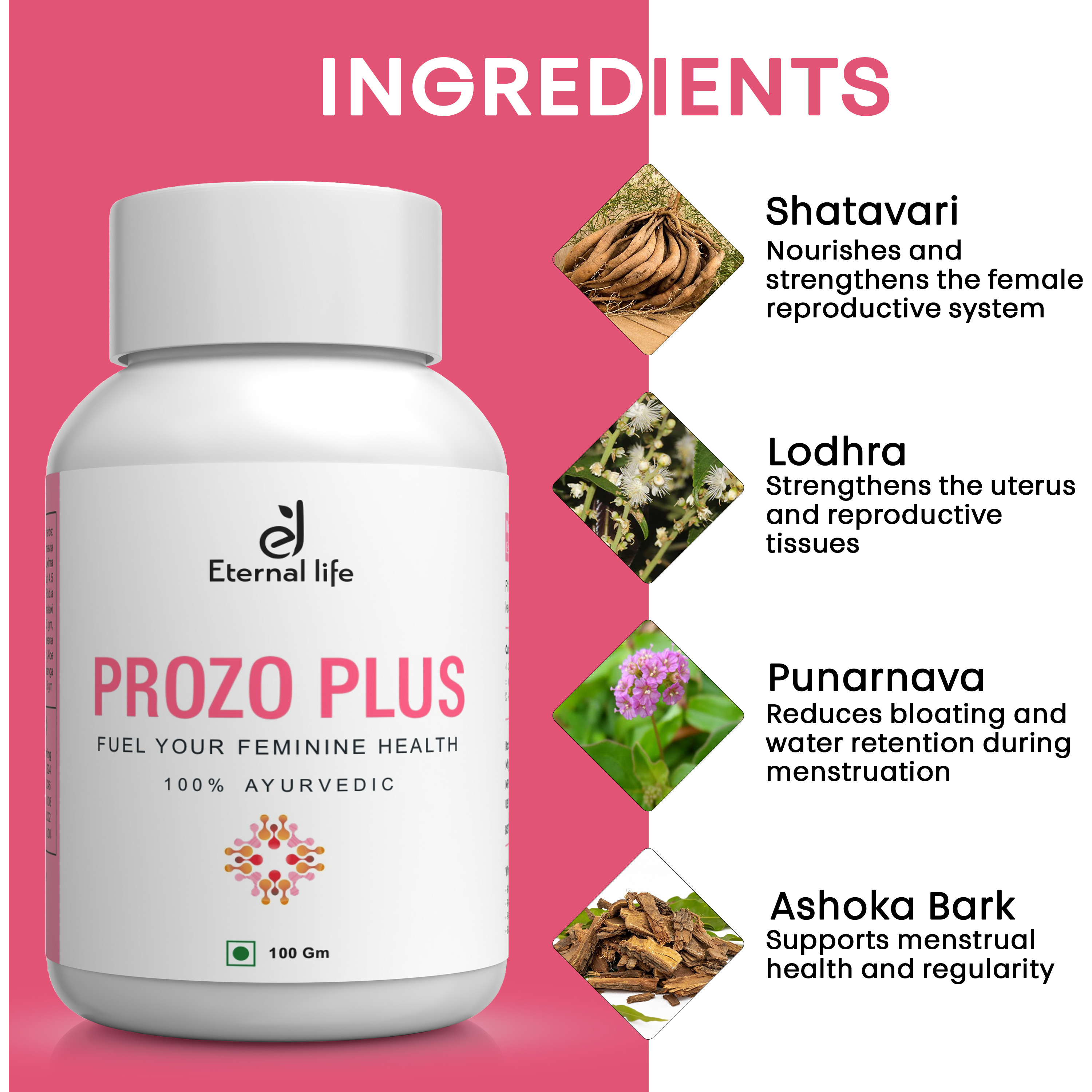 Eternal Life Prozo Plus 100 Gm | Herbal Supplement For Menstrual Cycle Regulation, Hormonal Balance, PCOD PCOS Support, Irregular Periods, Fertility And Gynecological Health For Women