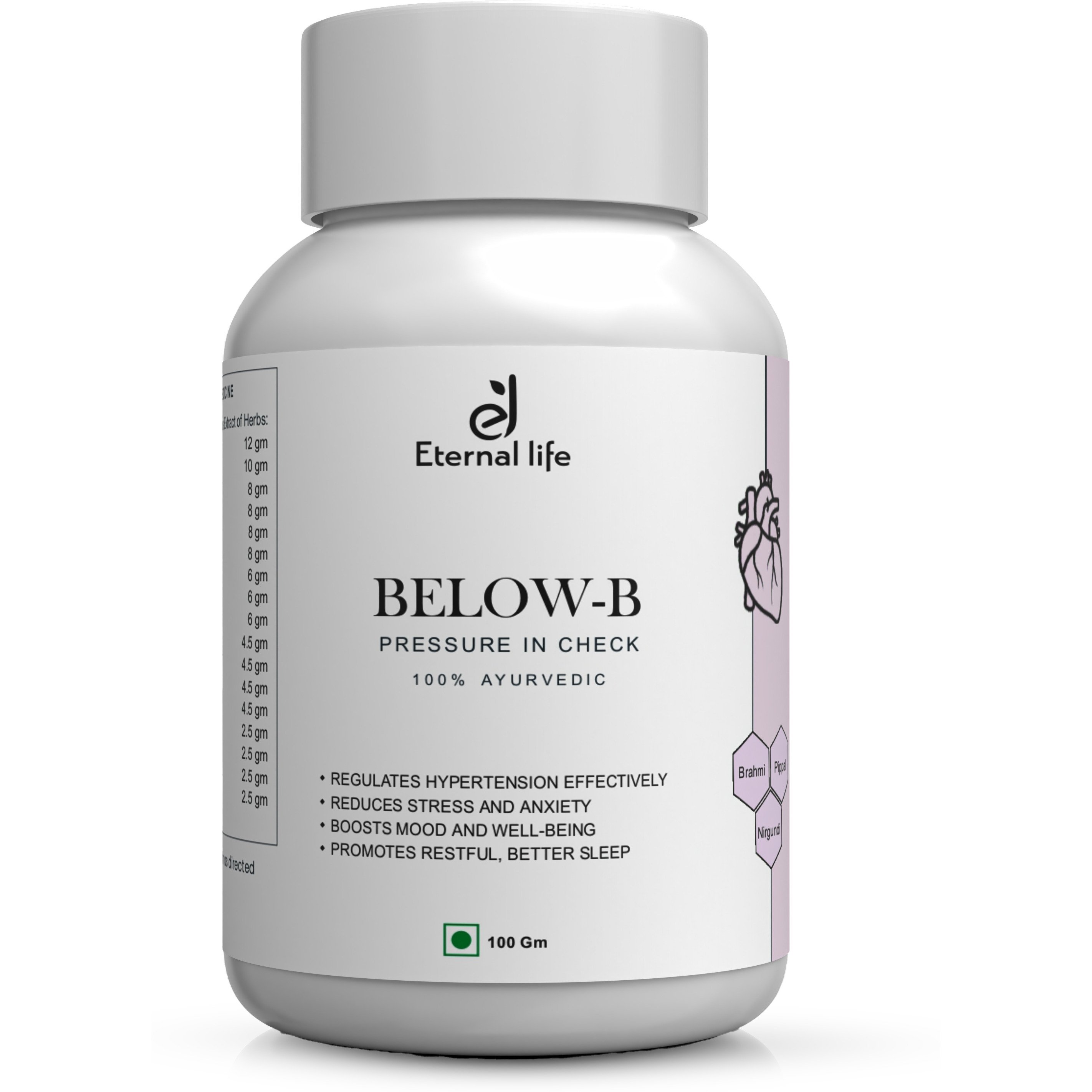 Eternal Life Below-B Blood Pressure Support 100 Gm | Herbal Supplement For Cardiovascular Wellness, Hypertension Management, Healthy Circulation, Antihypertensive Herbal Blend (Pack Of 1)