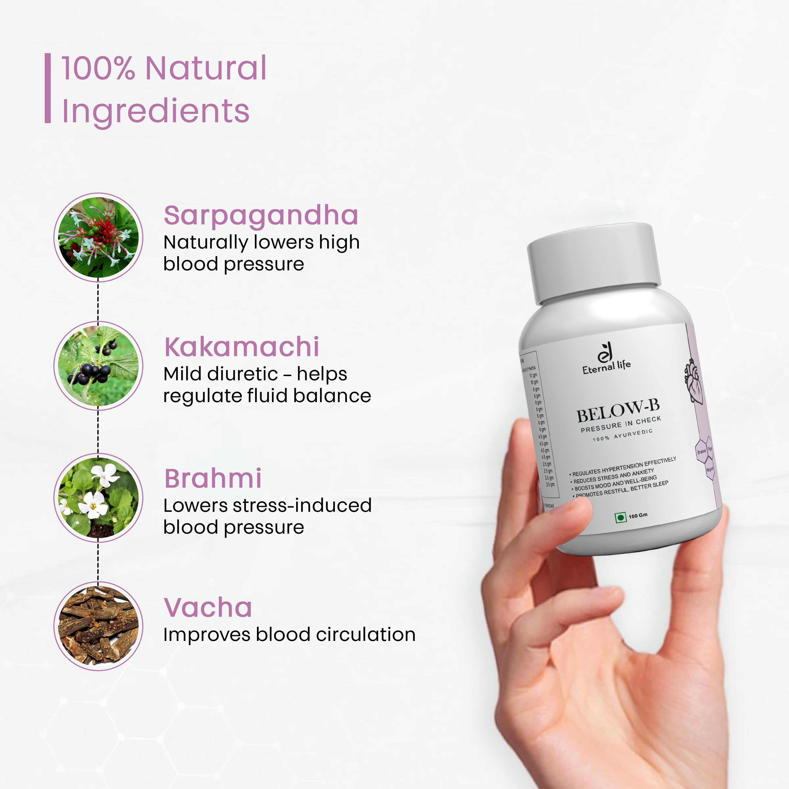 Eternal Life Below-B Blood Pressure Support 100 Gm | Herbal Supplement For Cardiovascular Wellness, Hypertension Management, Healthy Circulation, Antihypertensive Herbal Blend (Pack Of 1)