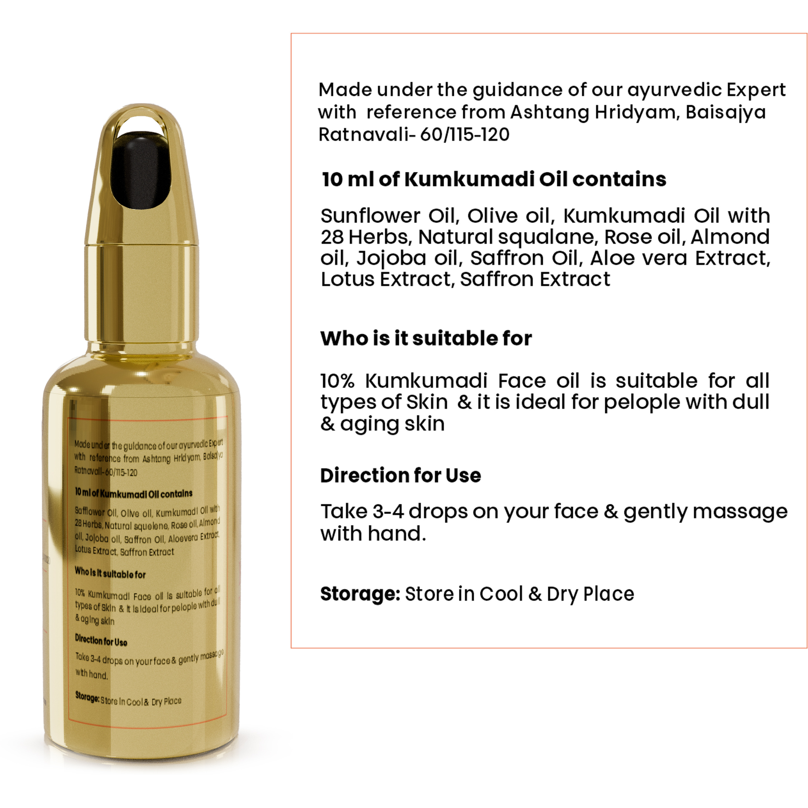Eternal Life Kumkumadi Tailam Face Oil for Glowing Skin Brightening Oil, Toned Glow Enrich Age Revitalizing Refreshing Skin Deep Breath Moisturizing Minimize Scars and Acne (Pack of 1, 10 Ml)