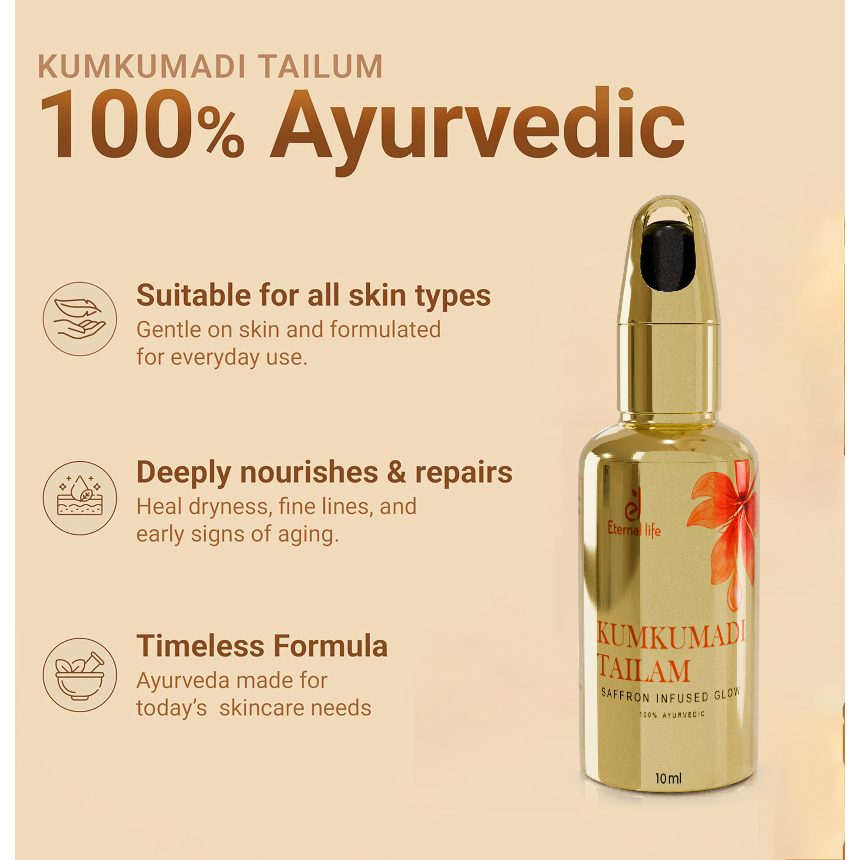 Eternal Life Kumkumadi Tailam Face Oil for Glowing Skin Brightening Oil, Toned Glow Enrich Age Revitalizing Refreshing Skin Deep Breath Moisturizing Minimize Scars and Acne (Pack of 1, 10 Ml)
