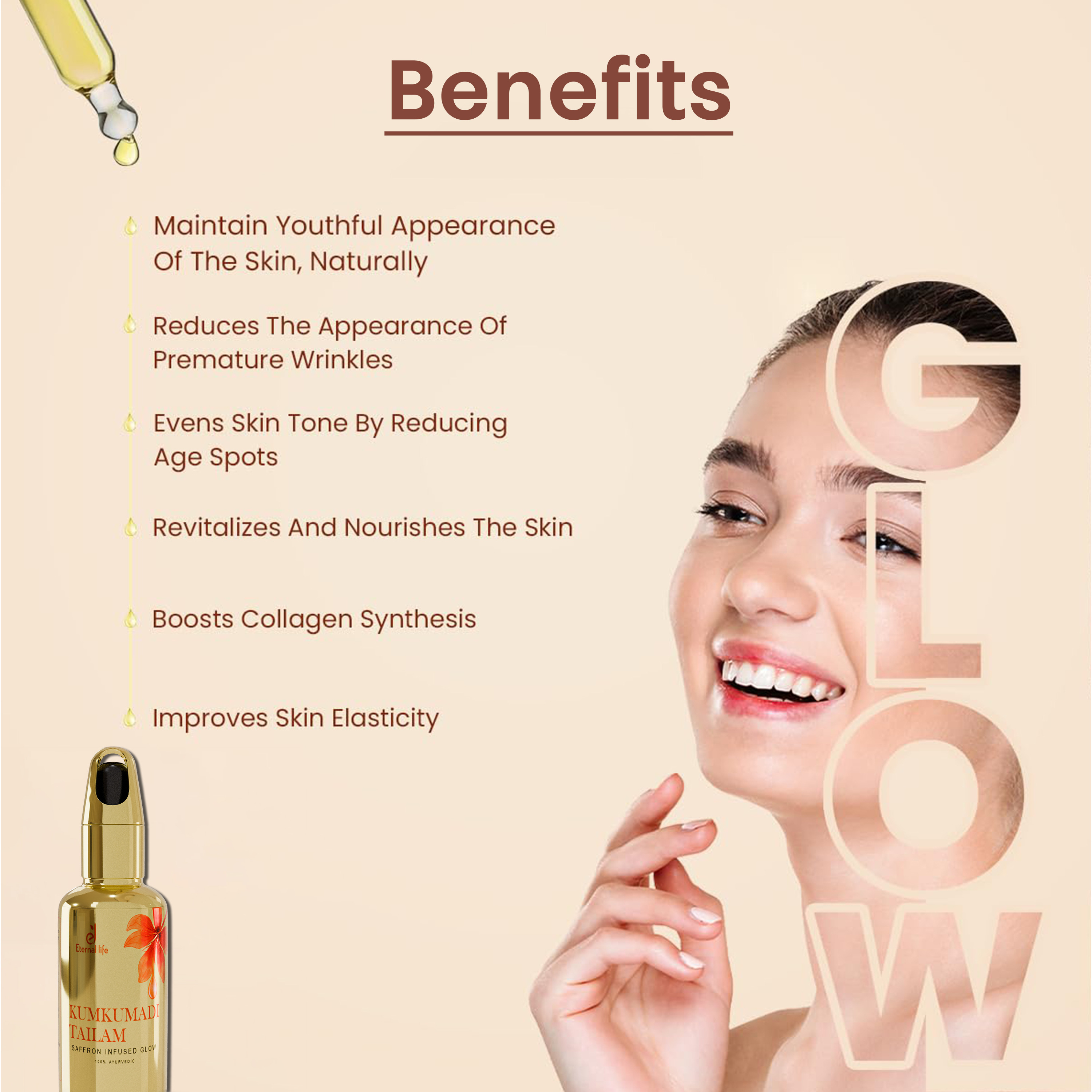 Eternal Life Kumkumadi Tailam Face Oil for Glowing Skin Brightening Oil, Toned Glow Enrich Age Revitalizing Refreshing Skin Deep Breath Moisturizing Minimize Scars and Acne (Pack of 1, 10 Ml)