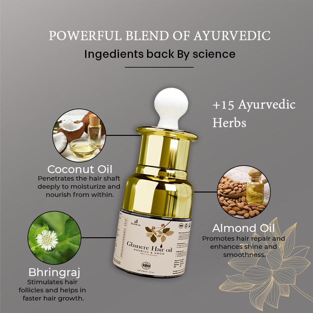 Eternal Life Ghanere Ayurvedic Hair Oil with Bhringraj and Coconut Oil for Scalp Nourishment Enriched with Herbal Ingredients for Smooth and Healthy Looking Daily Hair Care Oil for Men and Women 20ml