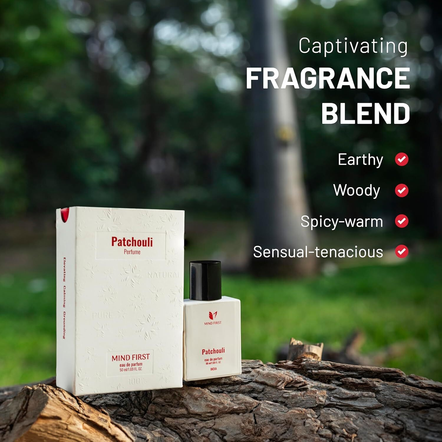 Mind First Patchouli Natural Luxury Perfume 50ml | Made with Essential Oils | Anti-Anxiety & Alertness Booster Fragrance | Long-Lasting Perfume for Men & Women | Ideal for Gifting