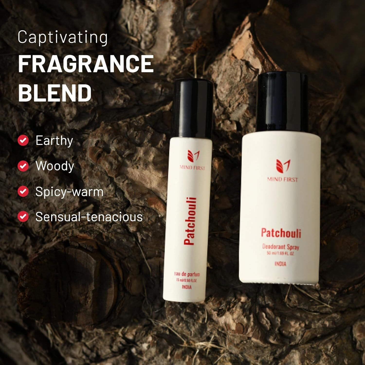 Mind First Patchouli Natural Perfume 15ml & Deodorant 50ml Combo | Made with Essential Oils | Long-Lasting, Skin-Friendly | Unisex | Ideal Gift Set