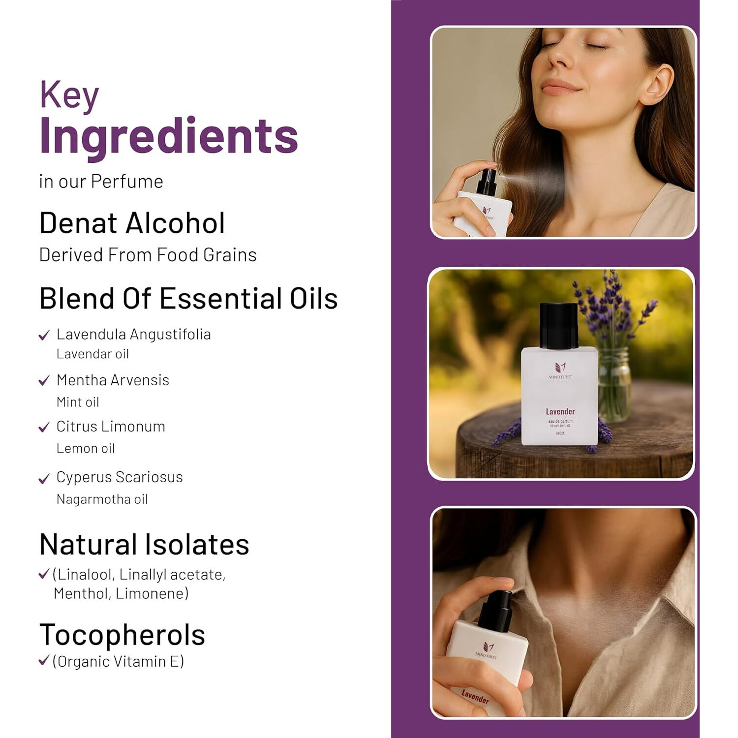 Mind First Lavender Natural Luxury Perfume 50ml | Made with Essential Oils | Calming & Relaxing Fragrance | Long-Lasting Perfume for Men & Women | Ideal for Gifting