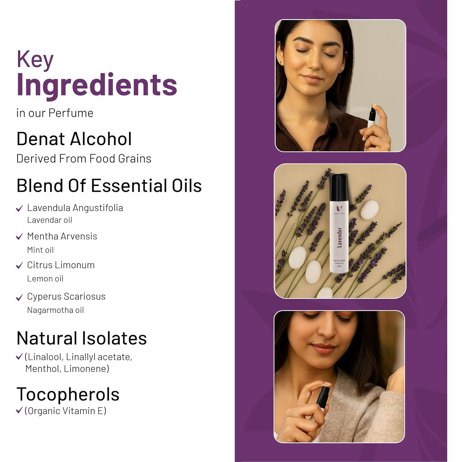 Mind First Lavender Natural Luxury Perfume 15ml | Made with Essential Oils | Calming & Relaxing Fragrance | Long-Lasting Perfume for Men & Women | Ideal for Gifting