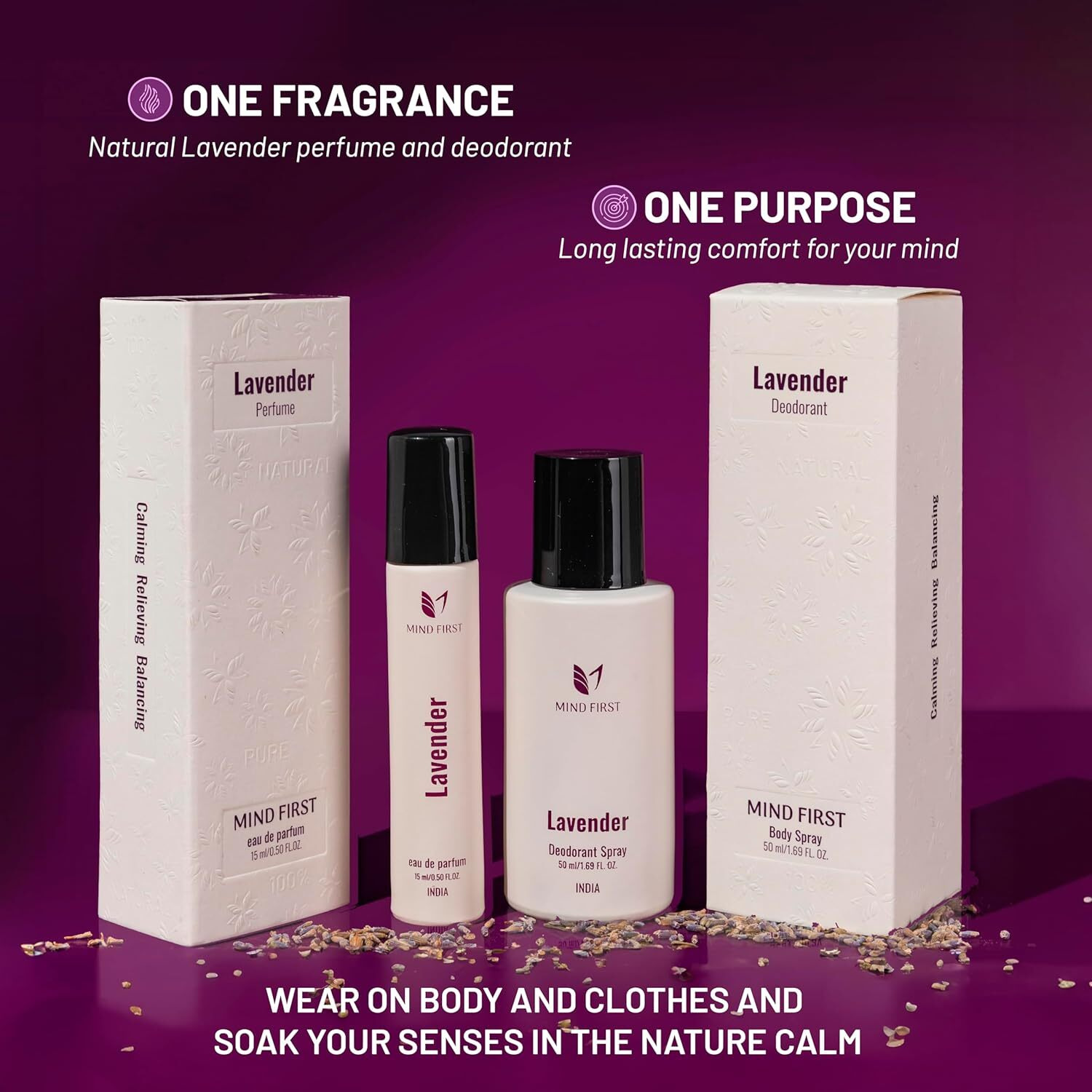 Mind First Lavender Natural Perfume 15ml & Deodorant 50ml Combo | Made with Essential Oils | Long-Lasting, Skin-Friendly | Unisex | Ideal Gift Set