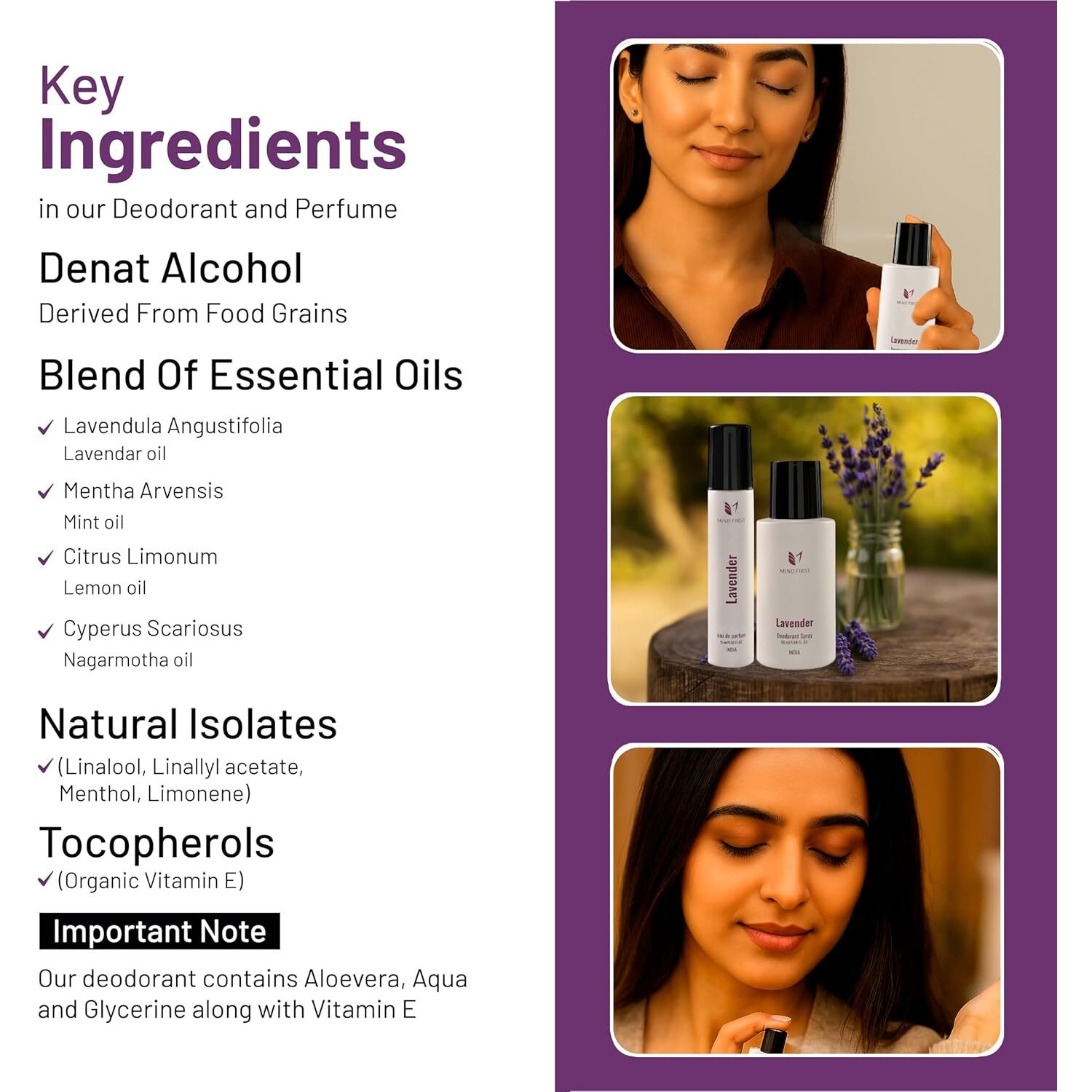 Mind First Lavender Natural Perfume 15ml & Deodorant 50ml Combo | Made with Essential Oils | Long-Lasting, Skin-Friendly | Unisex | Ideal Gift Set