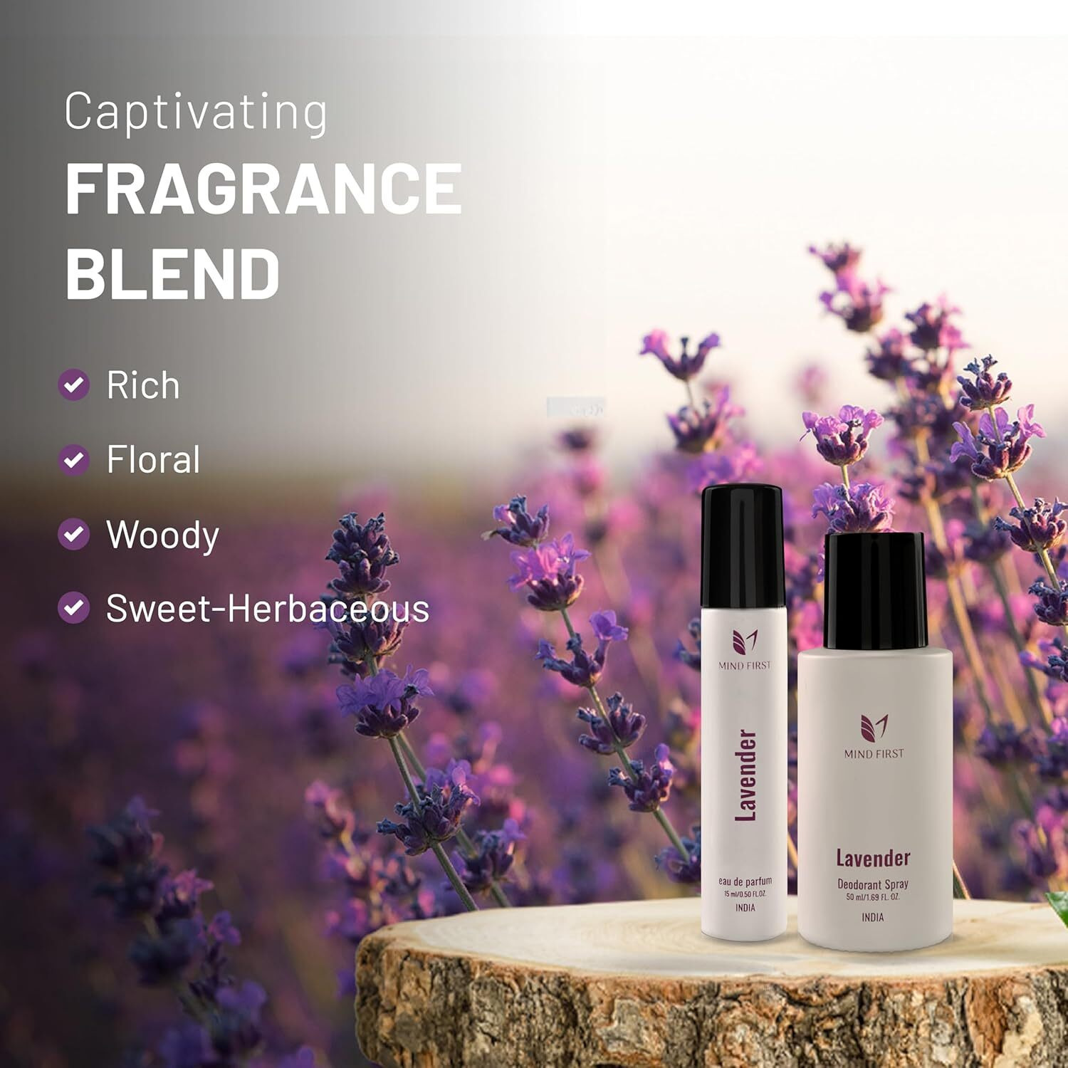 Mind First Lavender Natural Perfume 15ml & Deodorant 50ml Combo | Made with Essential Oils | Long-Lasting, Skin-Friendly | Unisex | Ideal Gift Set
