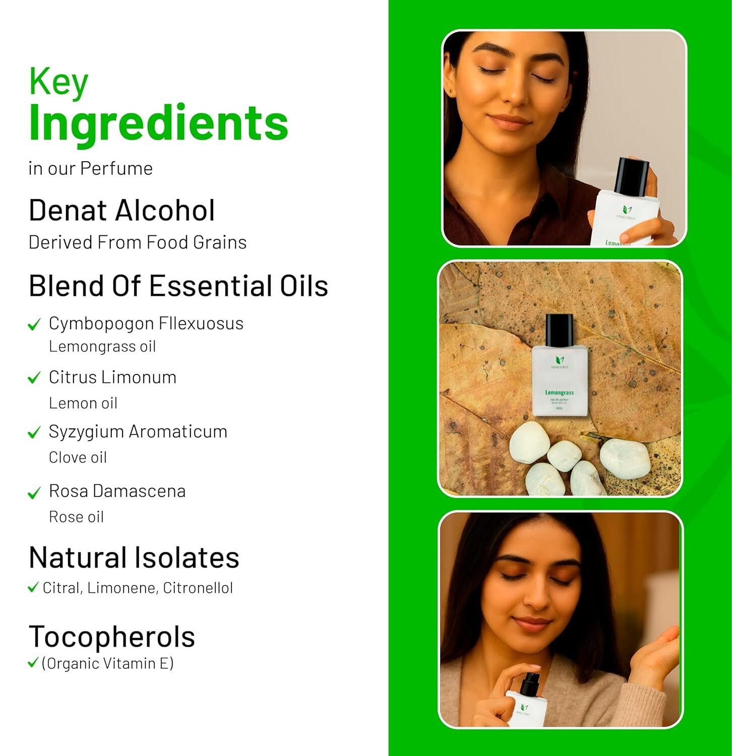 Mind First Lemongrass Natural Luxury Perfume 50ml | Made with Essential Oils | Anti-Anxiety & Cheerfulness Booster Fragrance | Long-Lasting Perfume for Men & Women | Ideal for Gifting