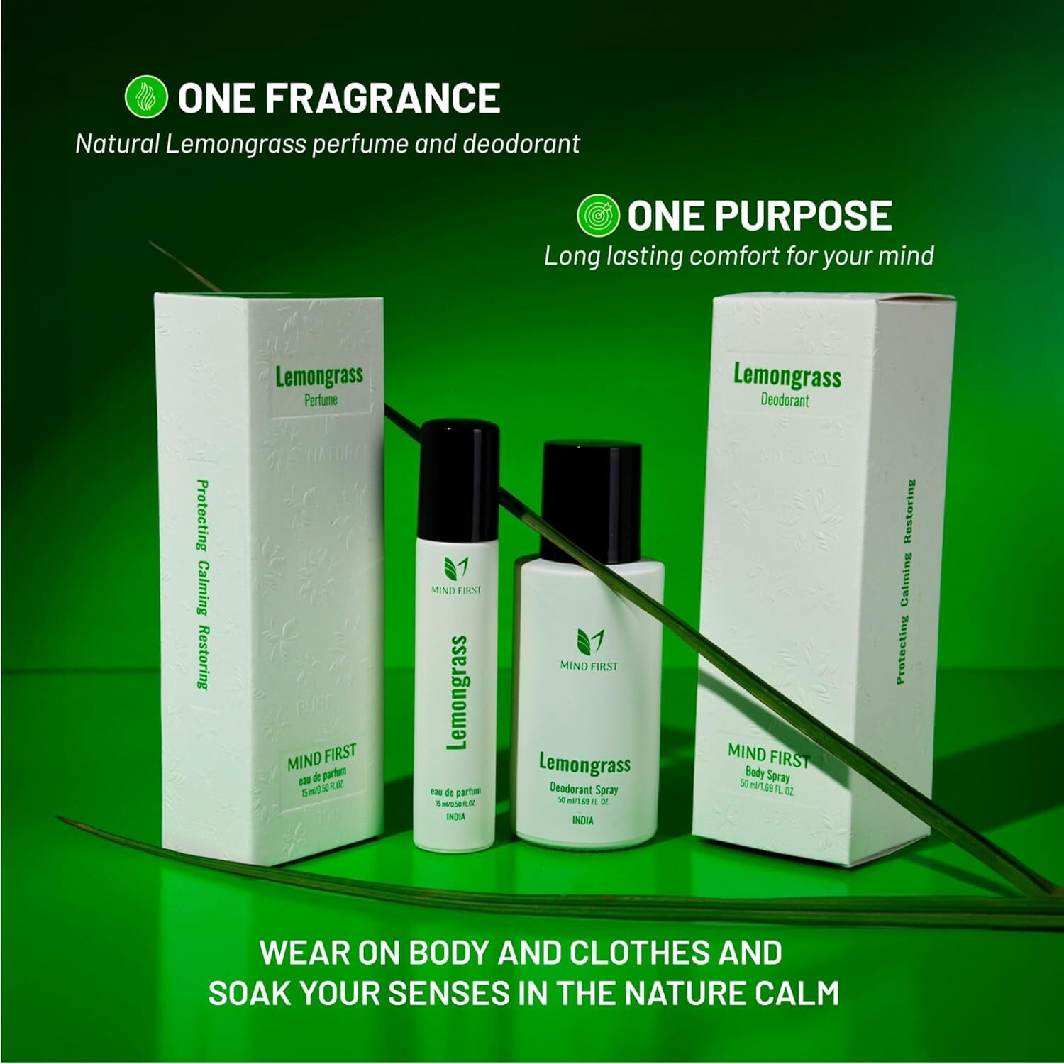 Mind First Lemongrass Natural Perfume 15ml & Deodorant 50ml Combo | Made with Essential Oils | Long-Lasting, Skin-Friendly | Unisex | Ideal Gift Set