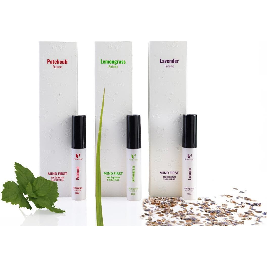 Mind First Natural Luxury Perfume Pack of 3  Lavender, Patchouli & Lemongrass  5ml Each | Made with Essential Oils | Long-Lasting | Calming Fragrance for Men & Women | Ideal Gift Set