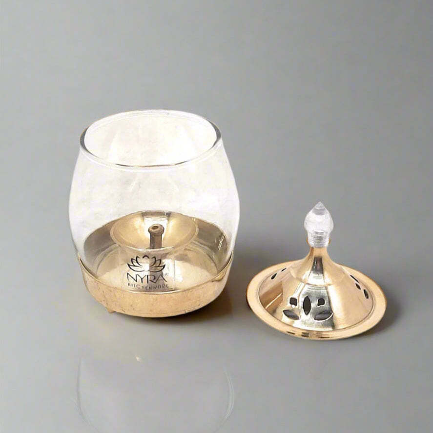 Brass Traditional Diya Stand with Clear Fiberglass Cover/Borosilicate Glass