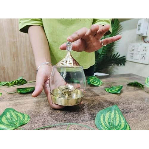 Brass Traditional Diya Stand with Clear Fiberglass Cover/Borosilicate Glass
