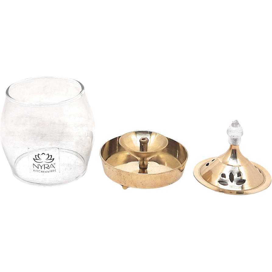 Brass Traditional Diya Stand with Clear Fiberglass Cover/Borosilicate Glass