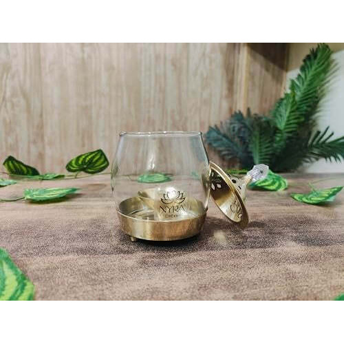 Brass Traditional Diya Stand with Clear Fiberglass Cover/Borosilicate Glass