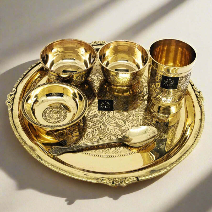 Traditional Brass Dinner Thali Set | Peetal Embossed Floral Design Set