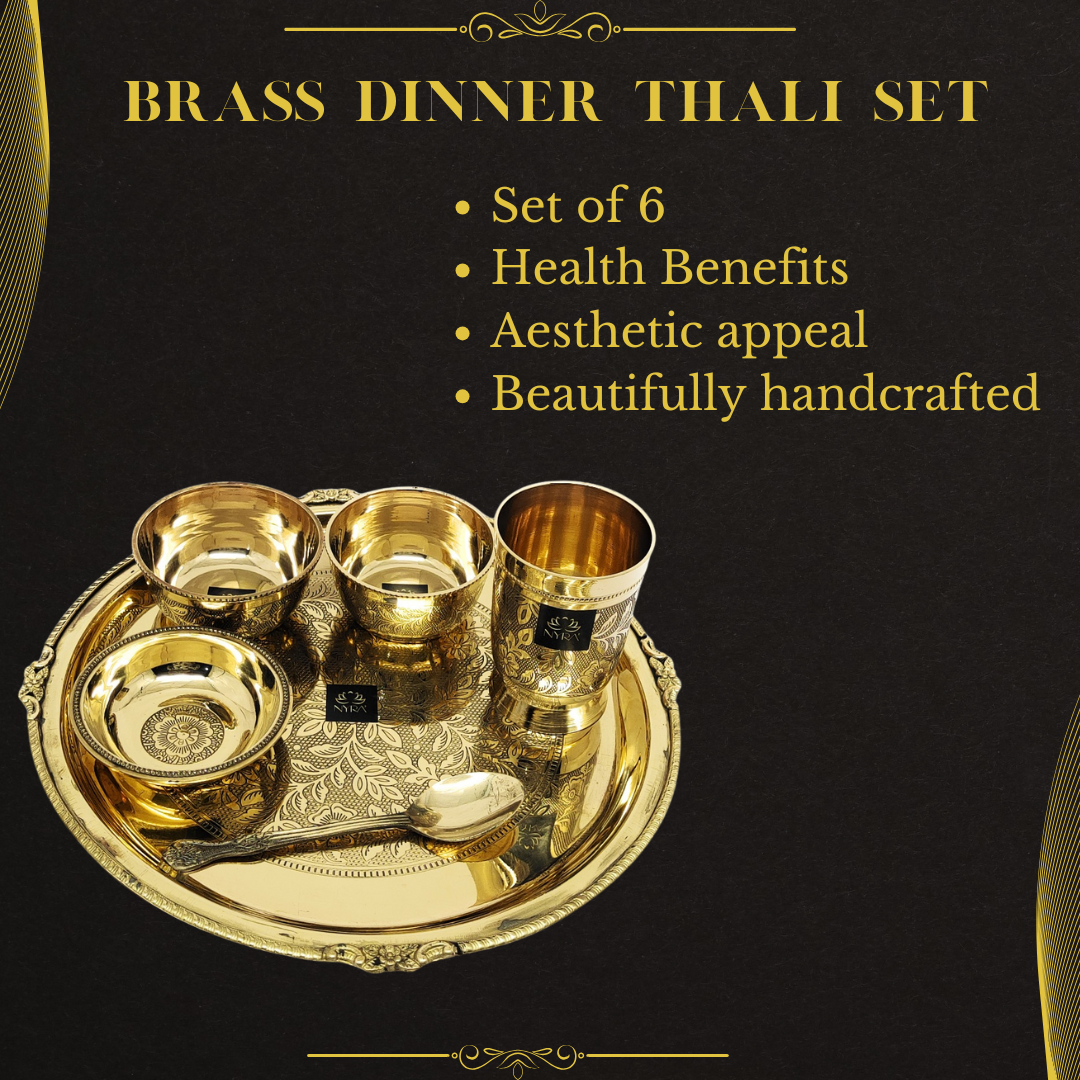 Traditional Brass Dinner Thali Set | Peetal Embossed Floral Design Set