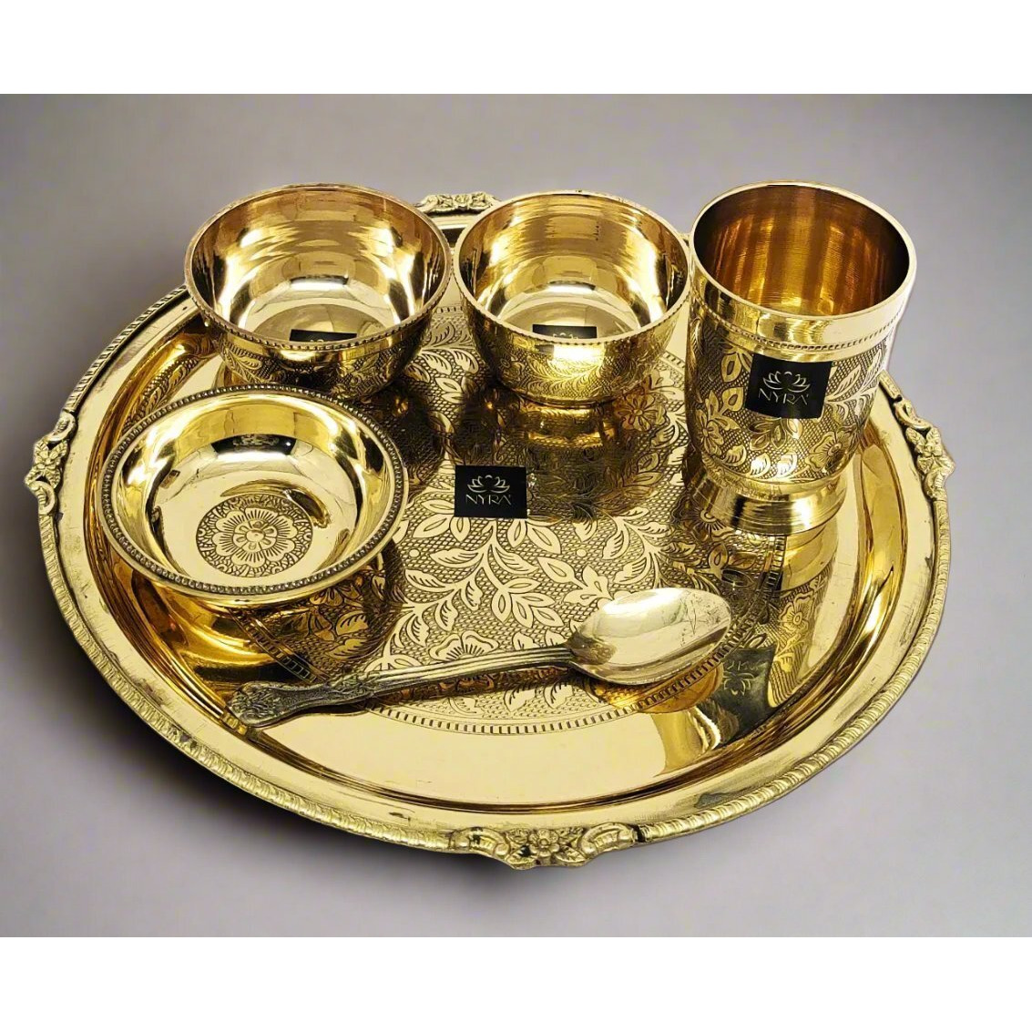 Traditional Brass Dinner Thali Set | Peetal Embossed Floral Design Set