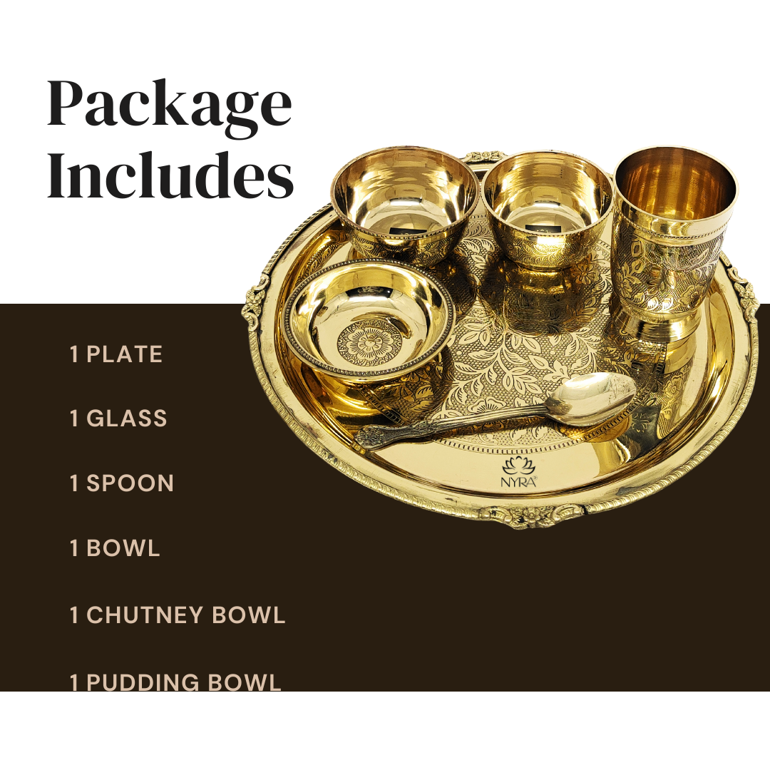 Traditional Brass Dinner Thali Set | Peetal Embossed Floral Design Set