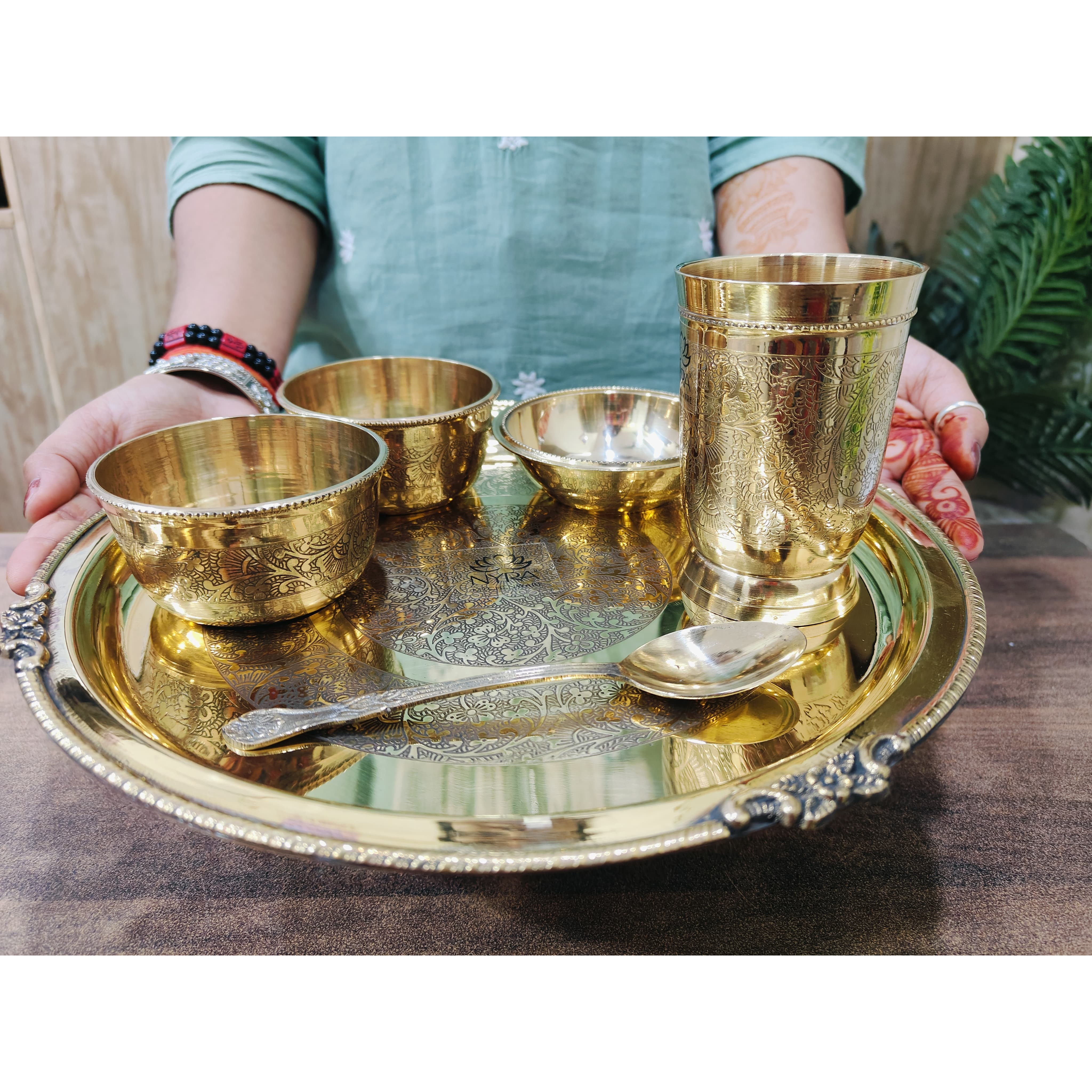 Traditional Brass Dinner Thali Set | Peetal Embossed Floral Design Set