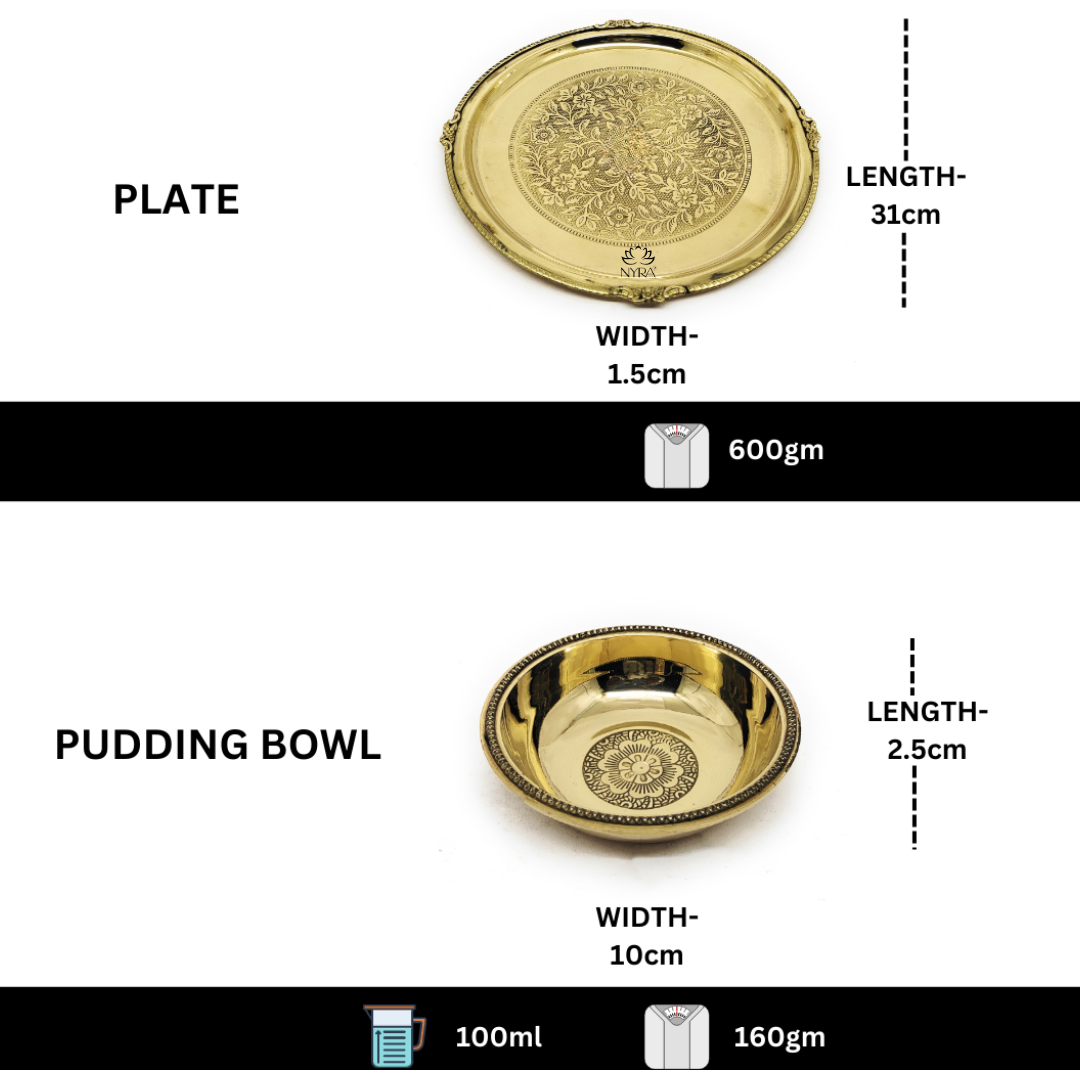 Traditional Brass Dinner Thali Set | Peetal Embossed Floral Design Set