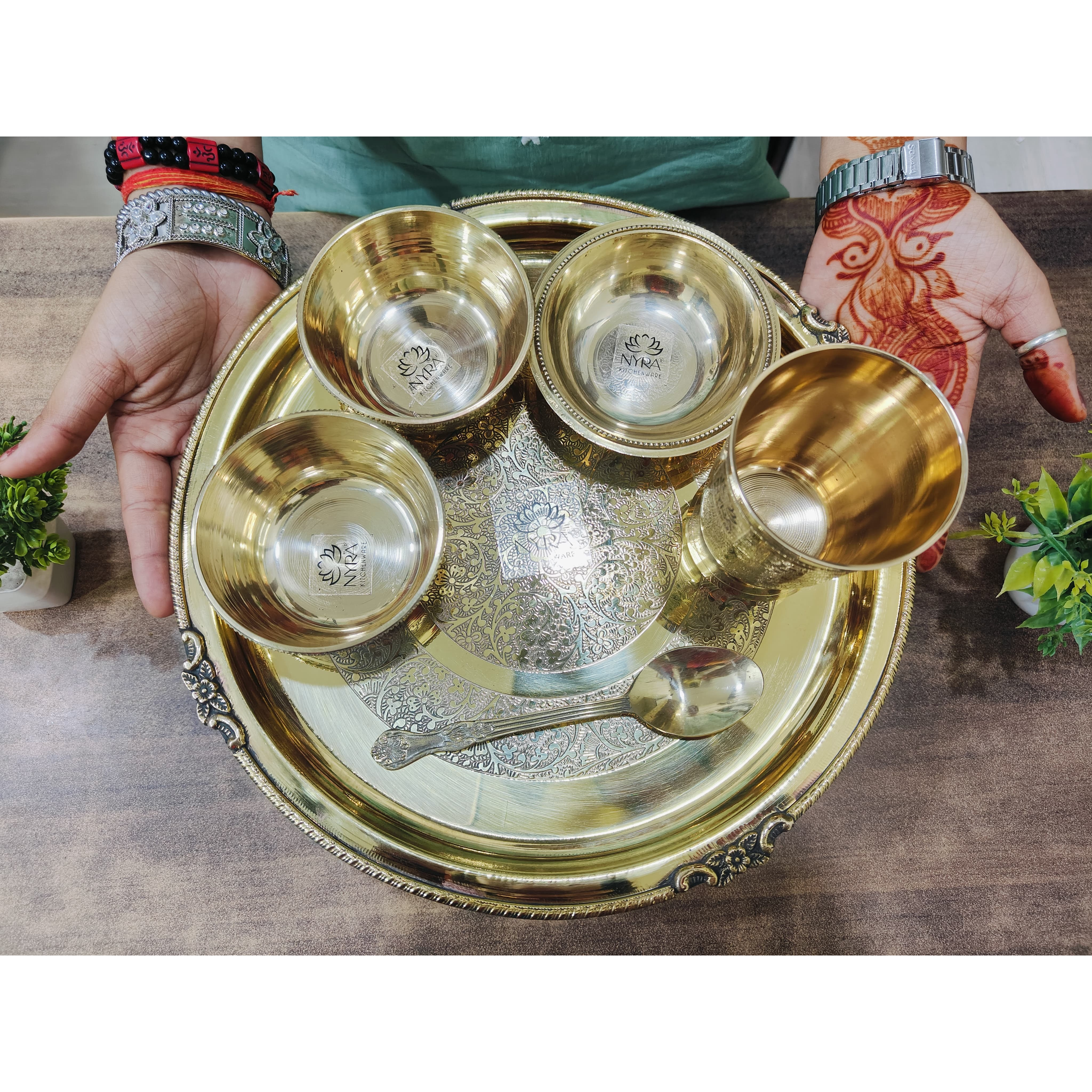 Traditional Brass Dinner Thali Set | Peetal Embossed Floral Design Set