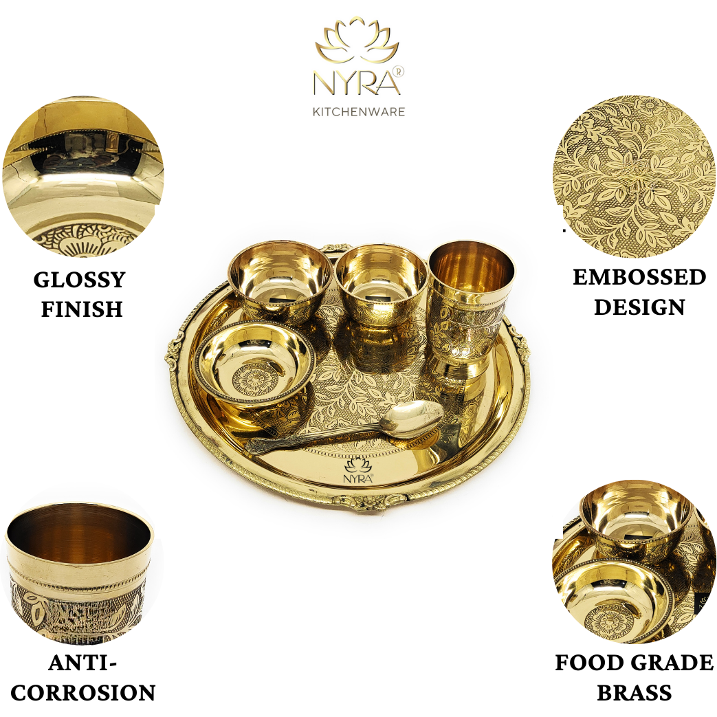 Traditional Brass Dinner Thali Set | Peetal Embossed Floral Design Set