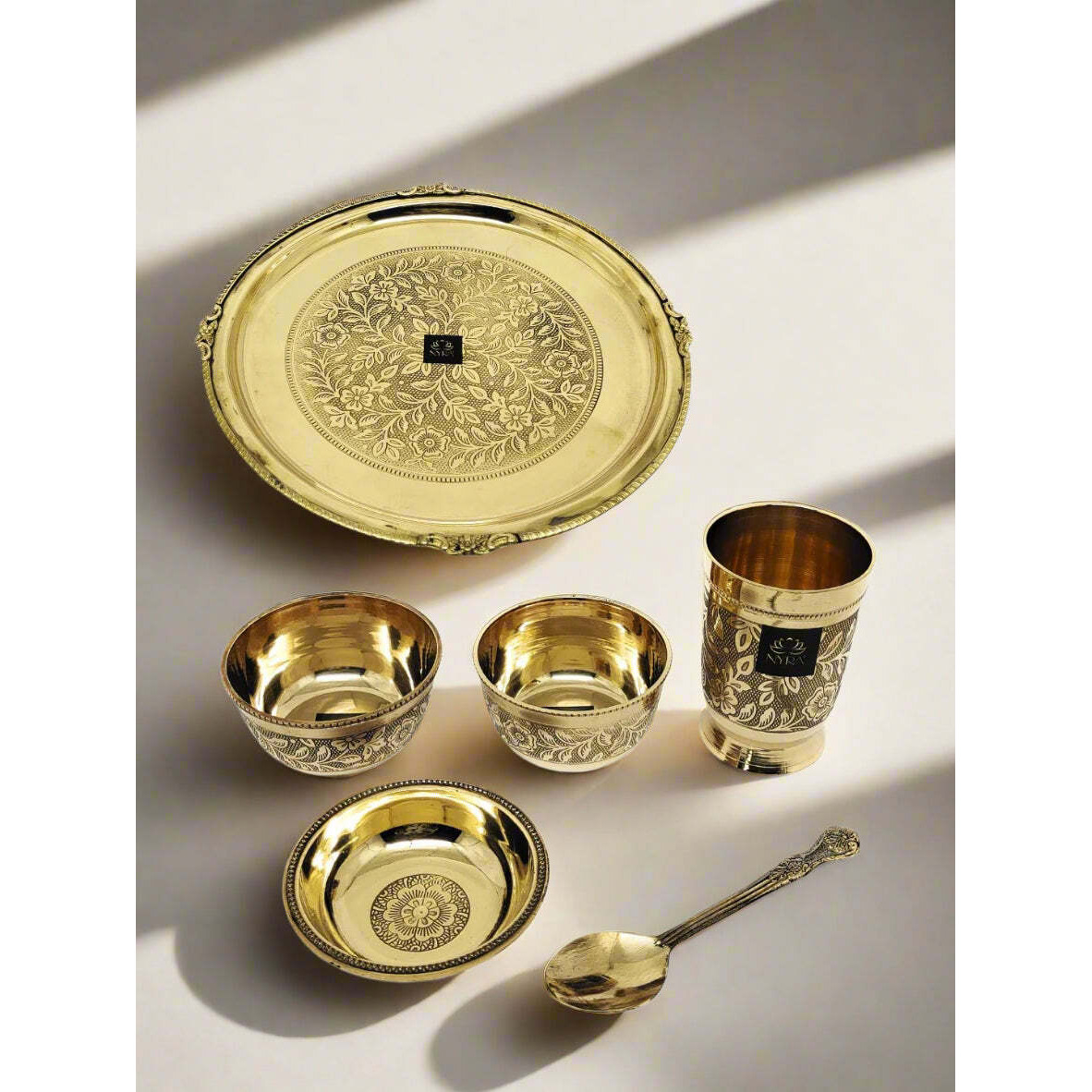 Traditional Brass Dinner Thali Set | Peetal Embossed Floral Design Set