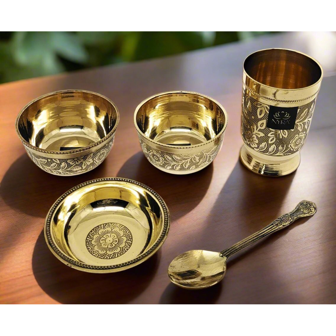 Traditional Brass Dinner Thali Set | Peetal Embossed Floral Design Set
