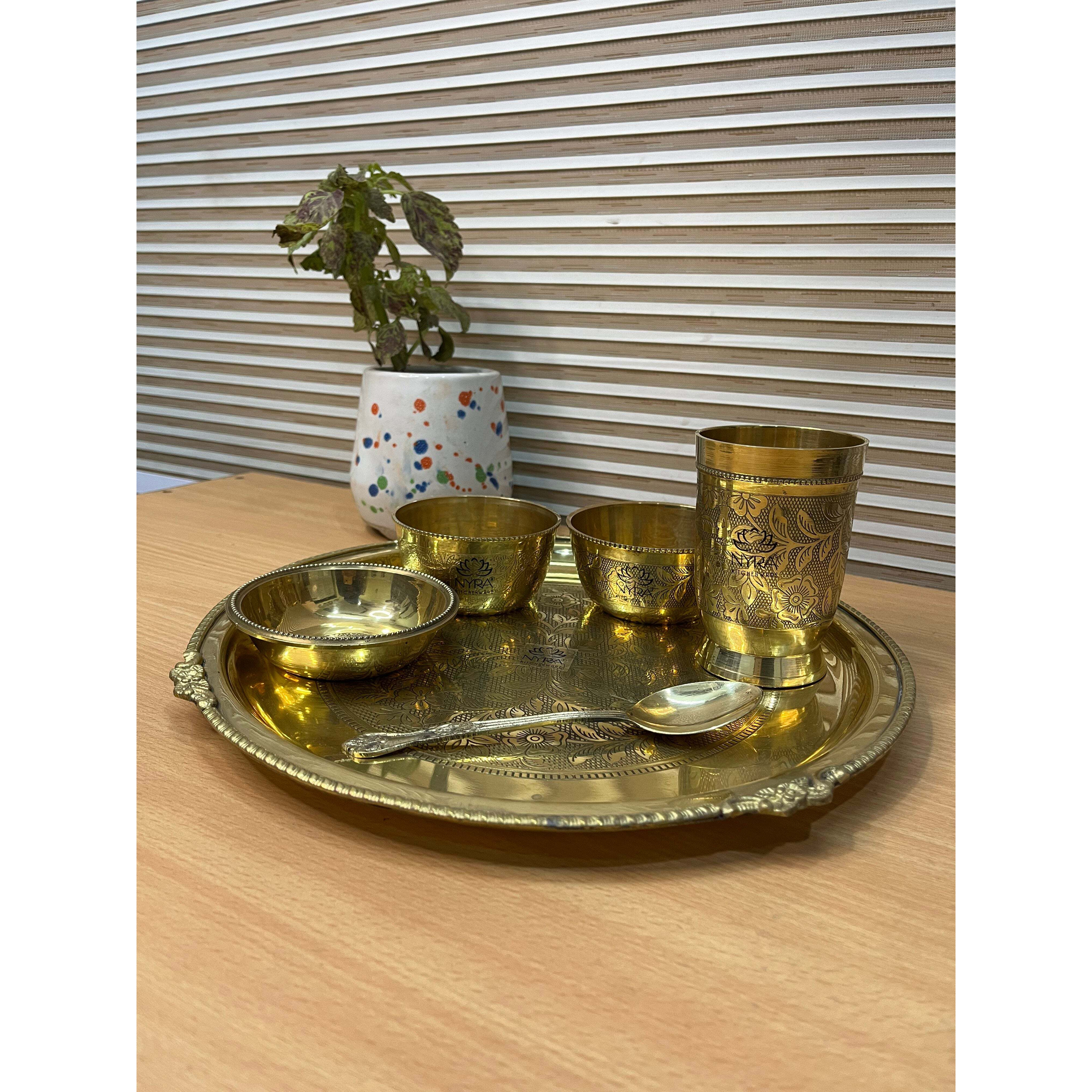 Traditional Brass Dinner Thali Set | Peetal Embossed Floral Design Set