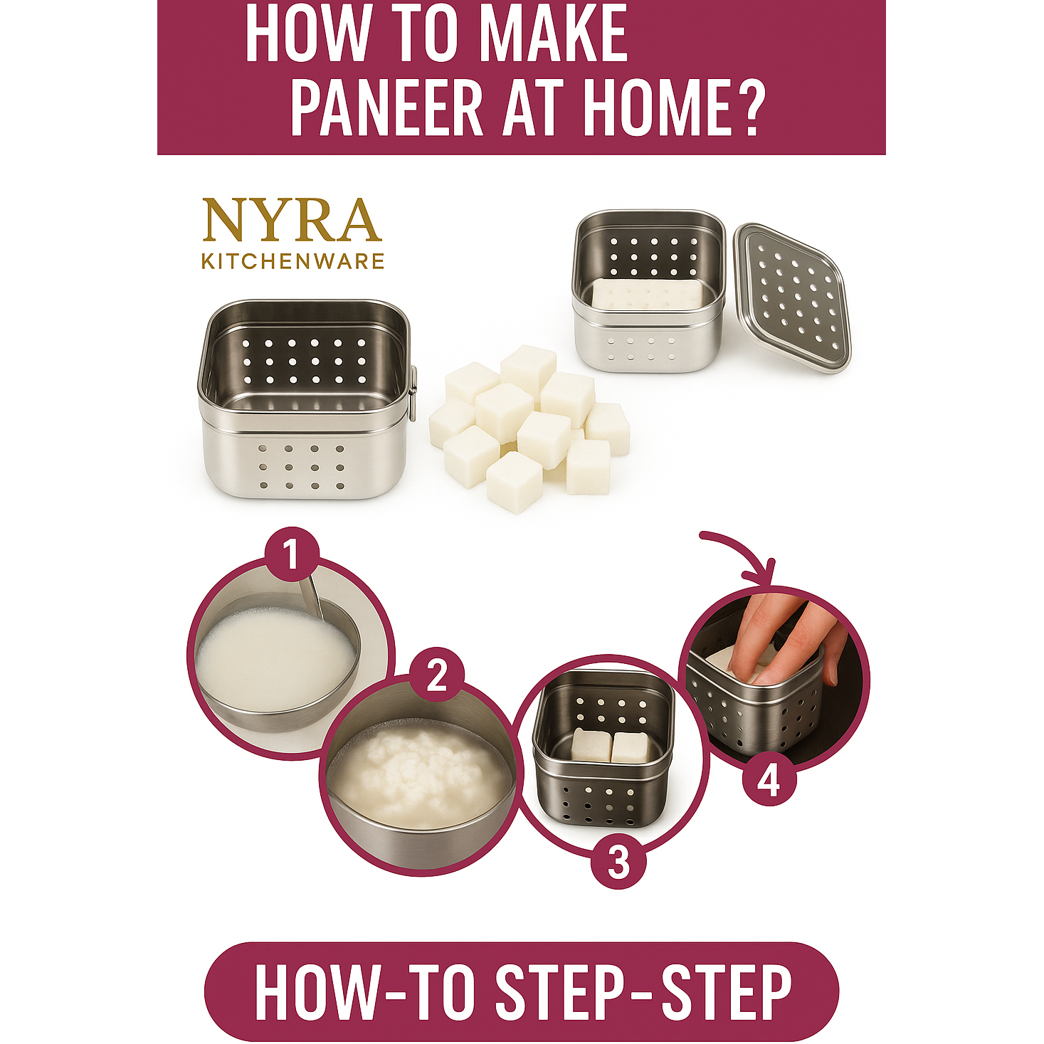 Premium Stainless Steel-square Paneer Maker | Mould & Strainer with Top Press Lid for Homemade Paneer/3no
