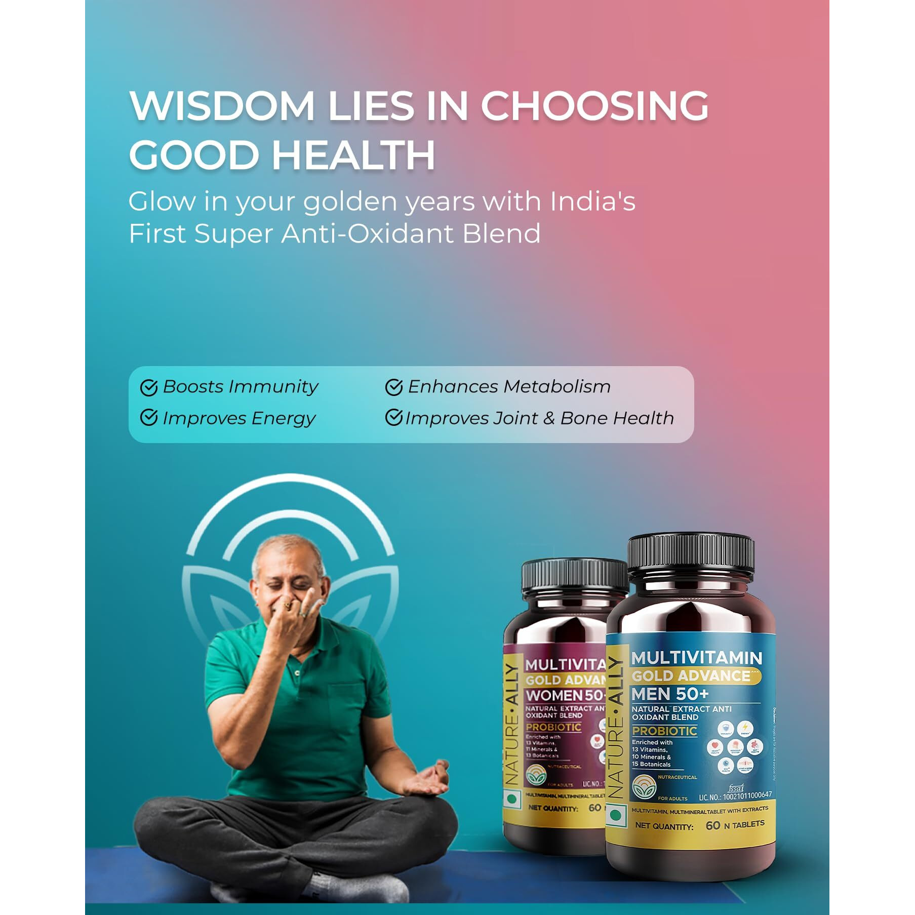 NatureAlly Multivitamin for Senior Men 50+ Age with Calcium, Vitamin D3 & 44 other Nutrients for Overall Health, Strong Joints, Heart Health, Anti-oxidants with Brain, Eye & Energy Blend Pack of 60 Tablets