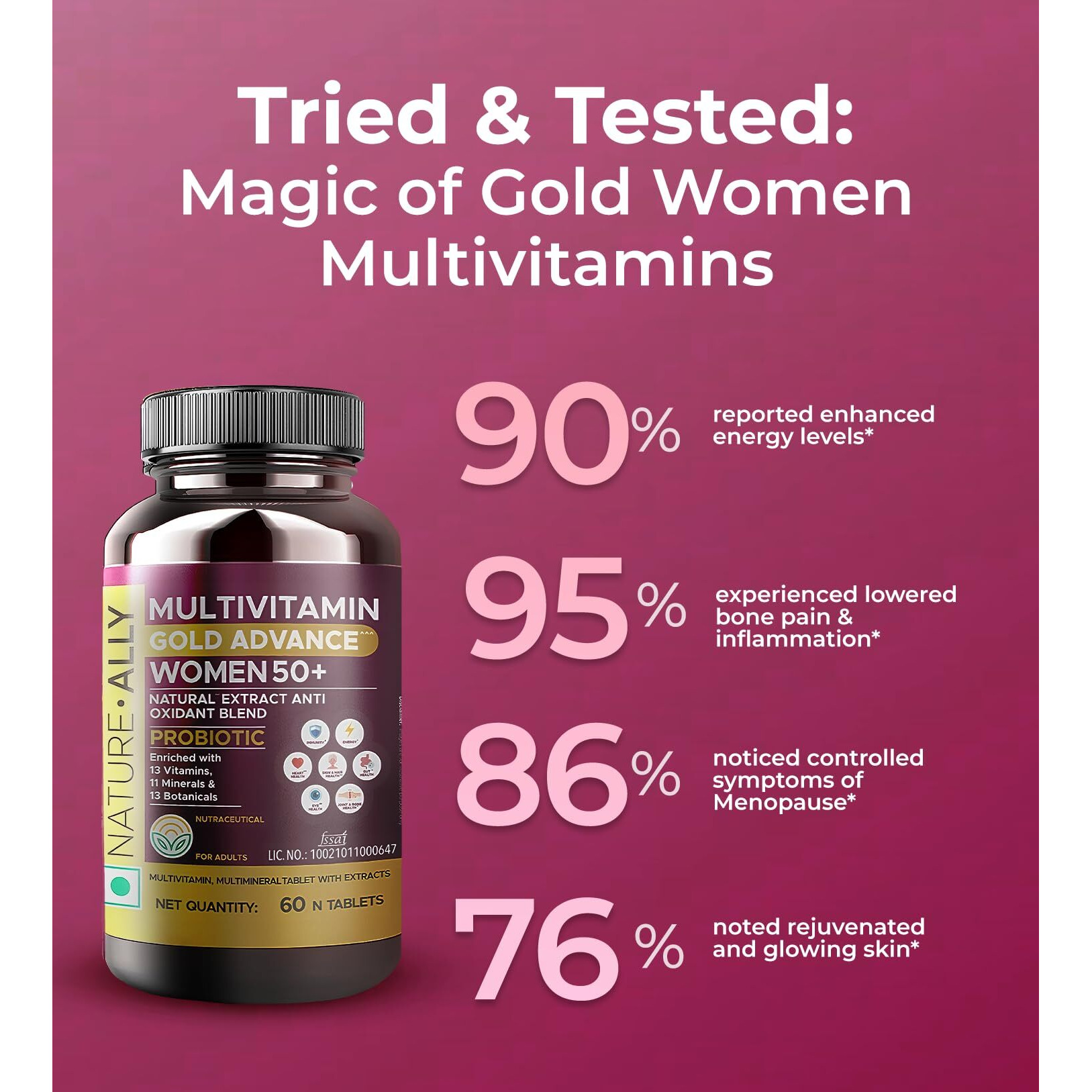 NatureAlly Multivitamin for Senior Women 50 Plus Age with Calcium, Vitamin D3 and 44 other Nutrients for Overall Health, Probiotic, Strong Joints, Heart Health, Anti-oxidants with Brain, Eye and Energy Blend(60 Tablets)