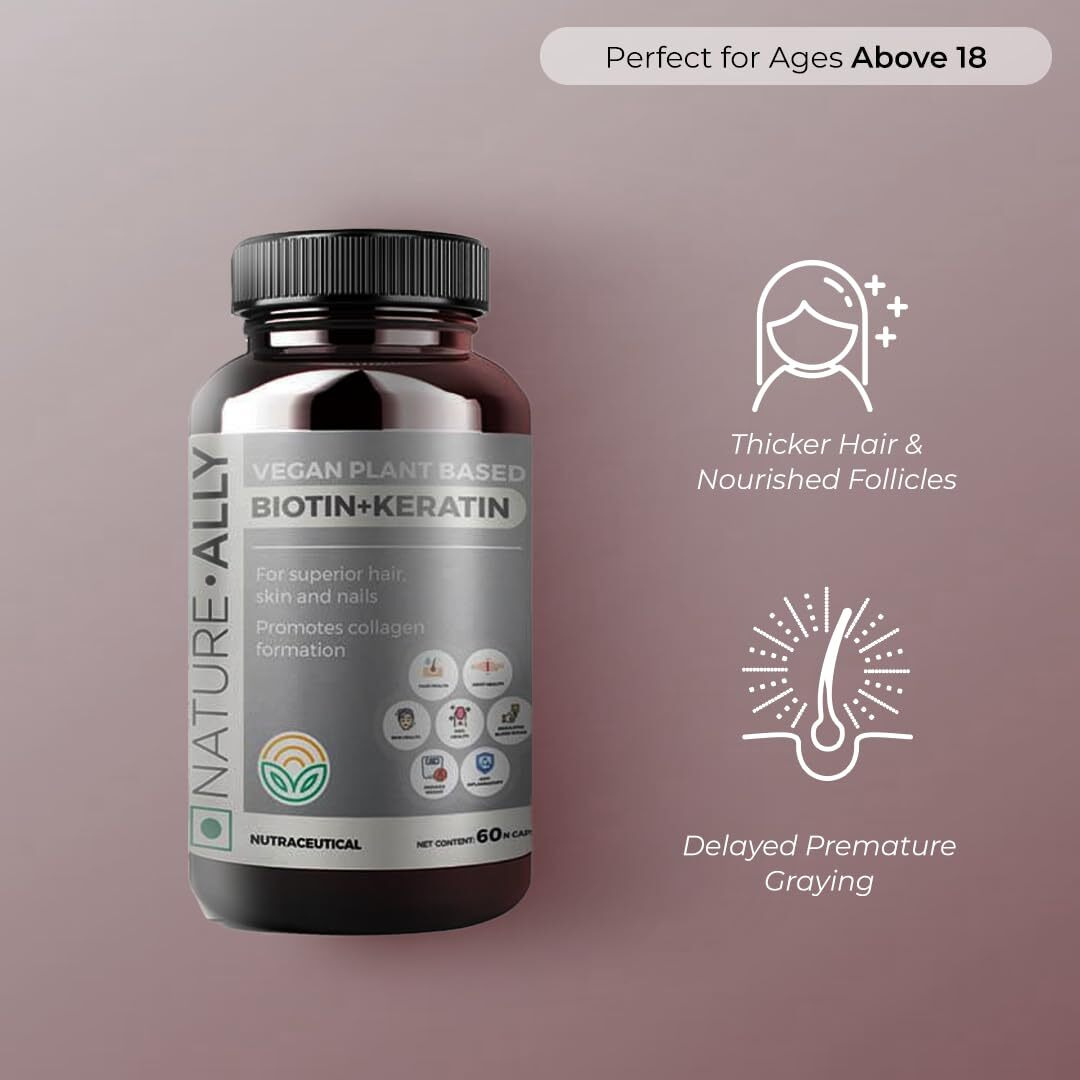 NatureAlly Biotin Keratin - Vegan Plant Based formulation For Hair Health, Hair Shine, Hair Fall Prevention, Activates Hair Folicles, Hair Growth (60 Capsules)