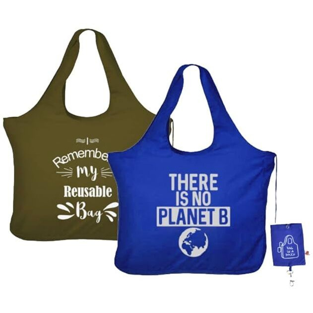 IVILLAGE Reusable and Foldable Fabric Tote Bags for Travel, Gym, Yoga, Sports and Fitness Enthusiasts | Designer Shopping Bag | Compact,Lightweight and Eco-friendly - 12Kg Capacity - Green/Blue