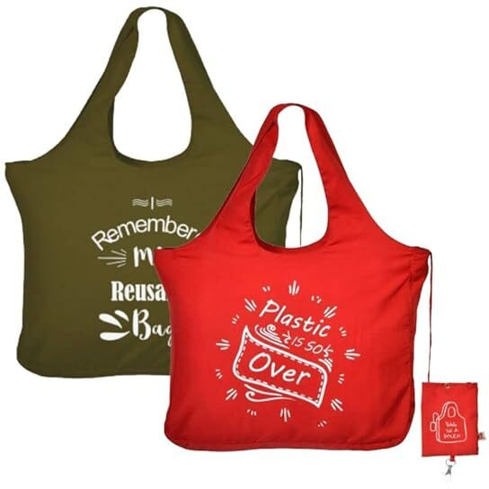 IVILLAGE Reusable and Foldable Fabric Tote Bags for Travel, Gym, Yoga, Sports and Fitness Enthusiasts | Designer Shopping Bag | Compact,Lightweight and Eco-friendly - 12Kg Capacity - Red/Pink -