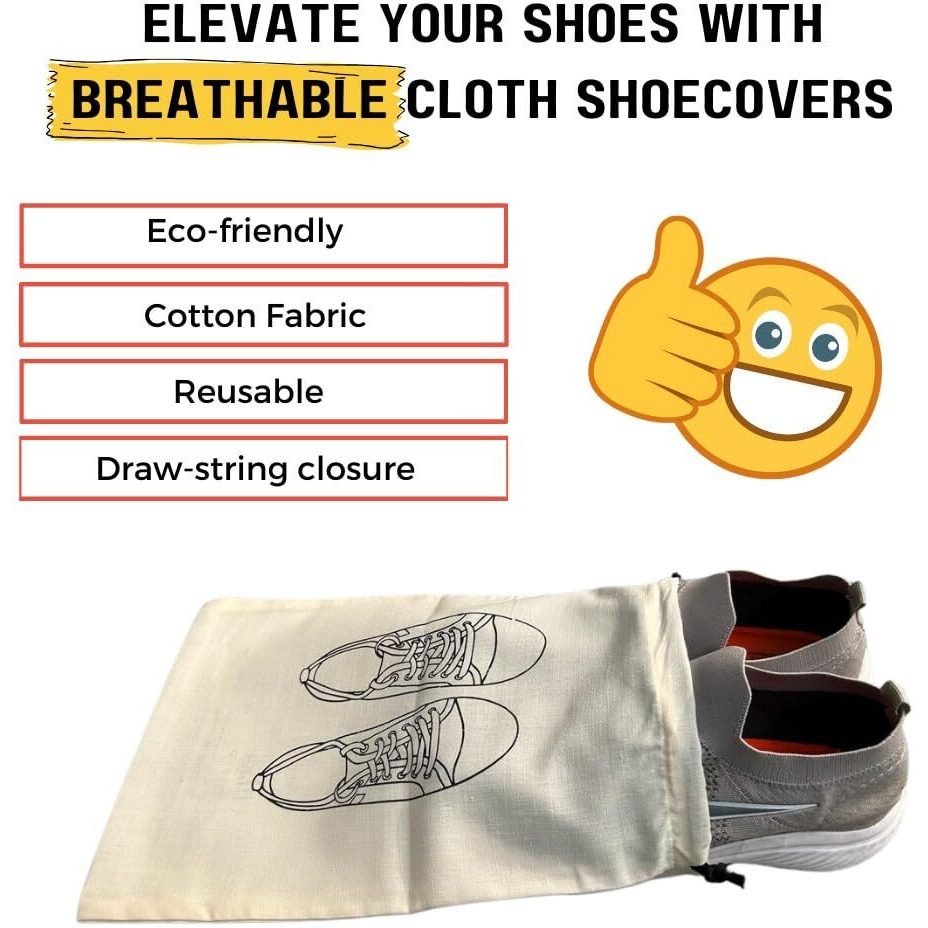 IVILLAGE Reusable and Washable 100% Pure Cotton Fabric Shoe Covers/ Bags with Drawstring Closure | Handcrafted Doodle Collection | Ideal for Travel, Home and Storage | Combo Pack of 3 | Off-White | Women