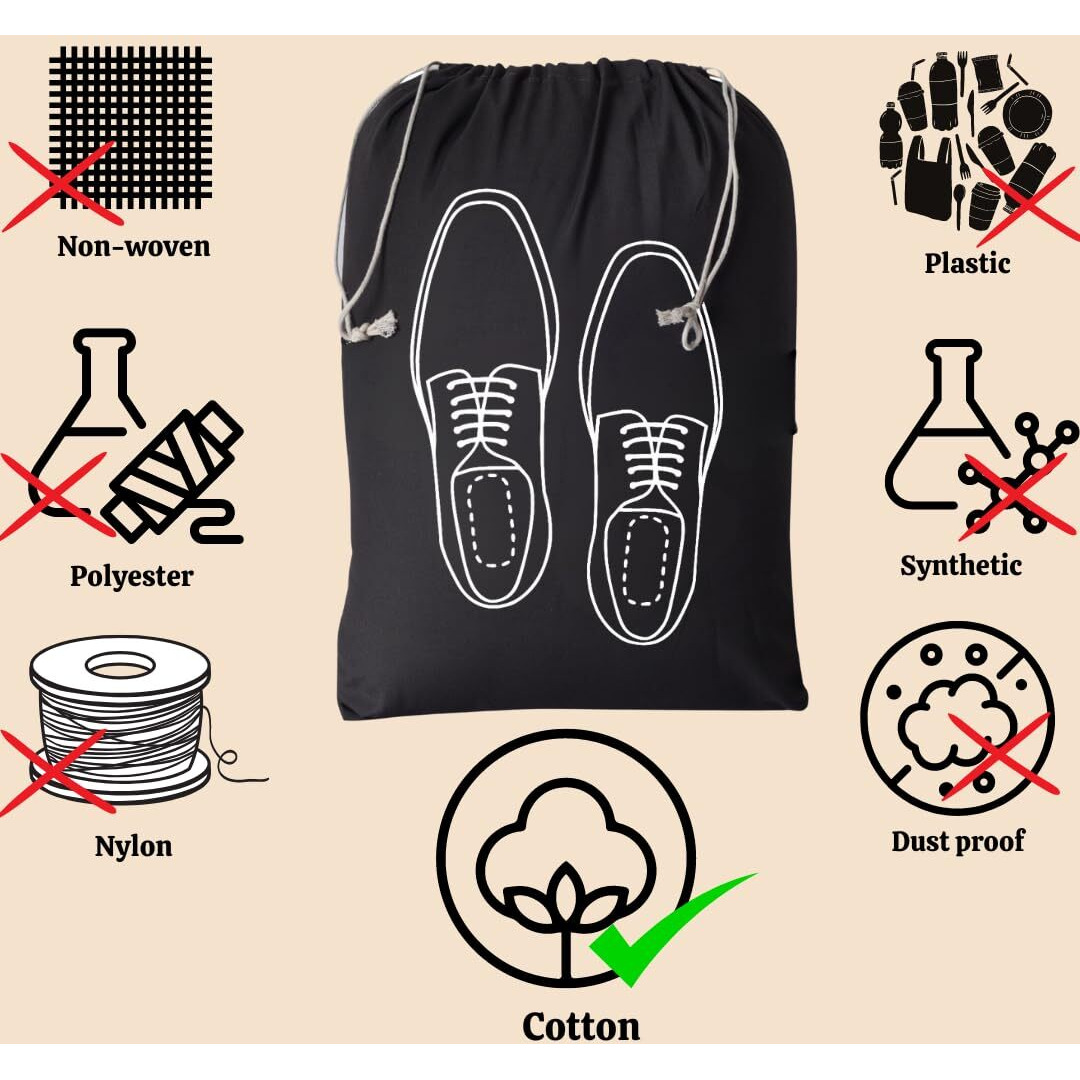 IVILLAGE Reusable and Washable 100% Pure Cotton Fabric Shoe Covers/ Bags with Drawstring Closure | Handcrafted Doodle Collection | Ideal for Travel, Home and Storage | Combo Pack of 3 | Off-White | Men