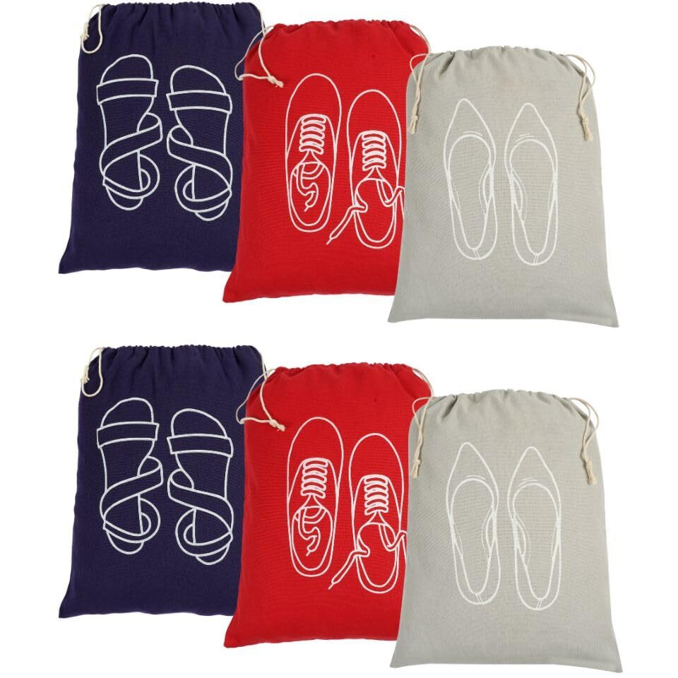 IVILLAGE Reusable and Washable 100% Pure Cotton Fabric Shoe Covers/ Bags with Drawstring Closure | Handcrafted Doodle Collection | Ideal for Travel, Home and Storage | Combo Pack of 3 | Off-White | Female