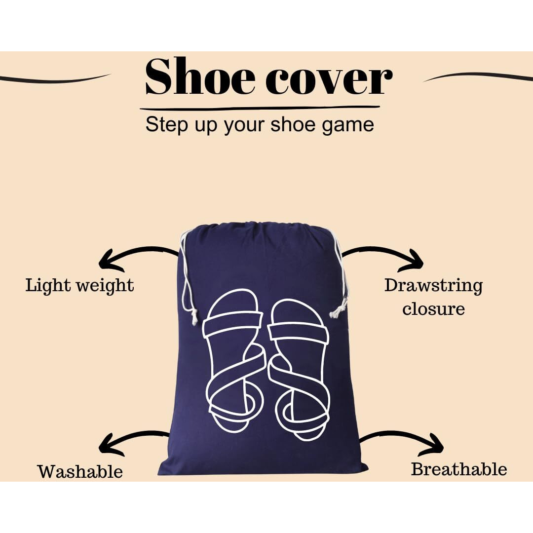 IVILLAGE Reusable and Washable 100% Pure Cotton Fabric Shoe Covers/ Bags with Drawstring Closure | Handcrafted Doodle Collection | Ideal for Travel, Home and Storage | Combo Pack of 3 | Off-White | Female