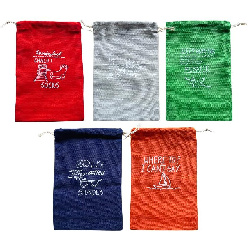 IVILLAGE Reusable and Washable Pure Cotton Fabric Travel Pouches / Bags with Drawstring Closure | Handcrafted Doodle Collection | Ideal for Earphones, Makeup, Sunglasses, Socks and Toiletries | Pack of 5 |Colored