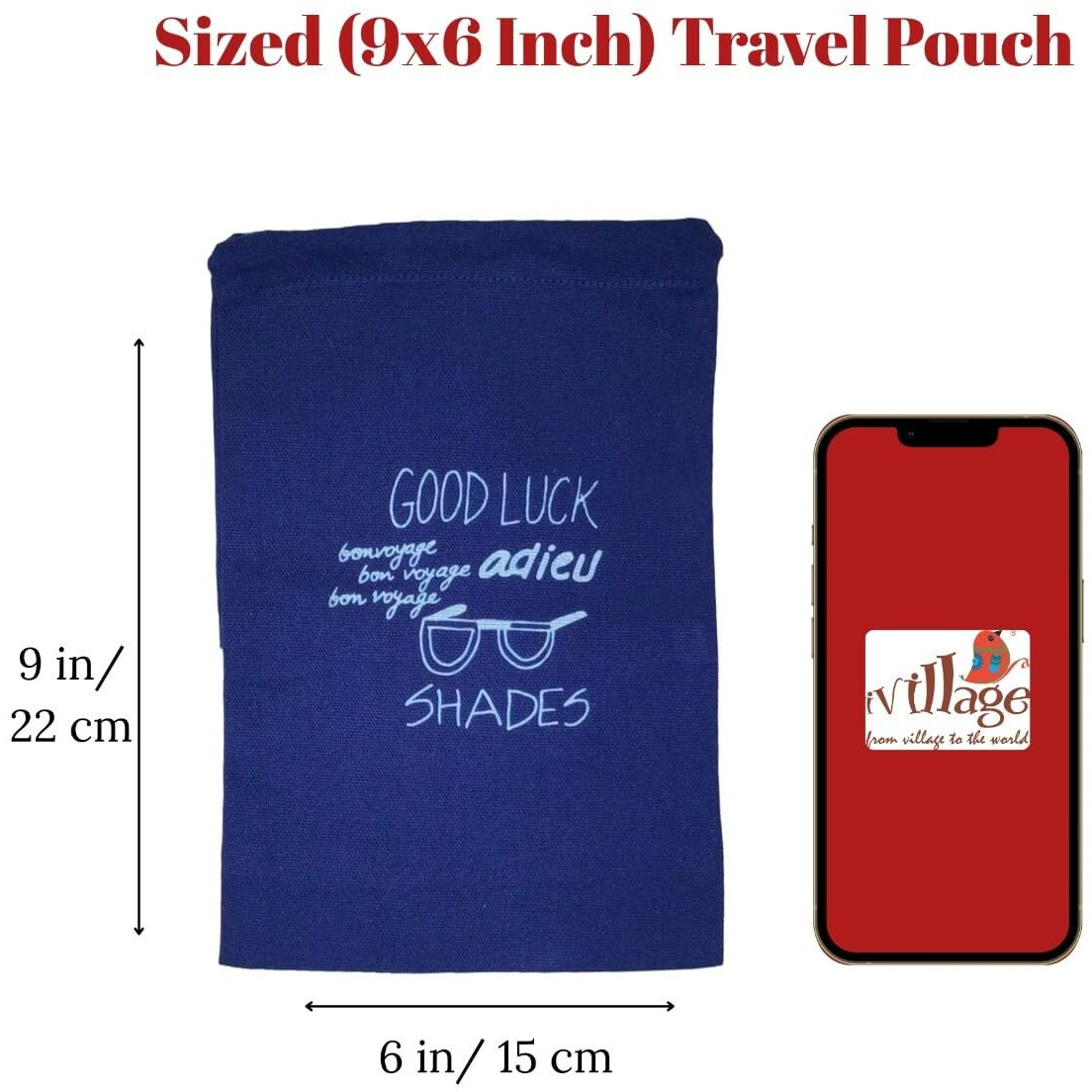 IVILLAGE Reusable and Washable Pure Cotton Fabric Travel Pouches / Bags with Drawstring Closure | Handcrafted Doodle Collection | Ideal for Earphones, Makeup, Sunglasses, Socks and Toiletries | Pack of 5 |Colored