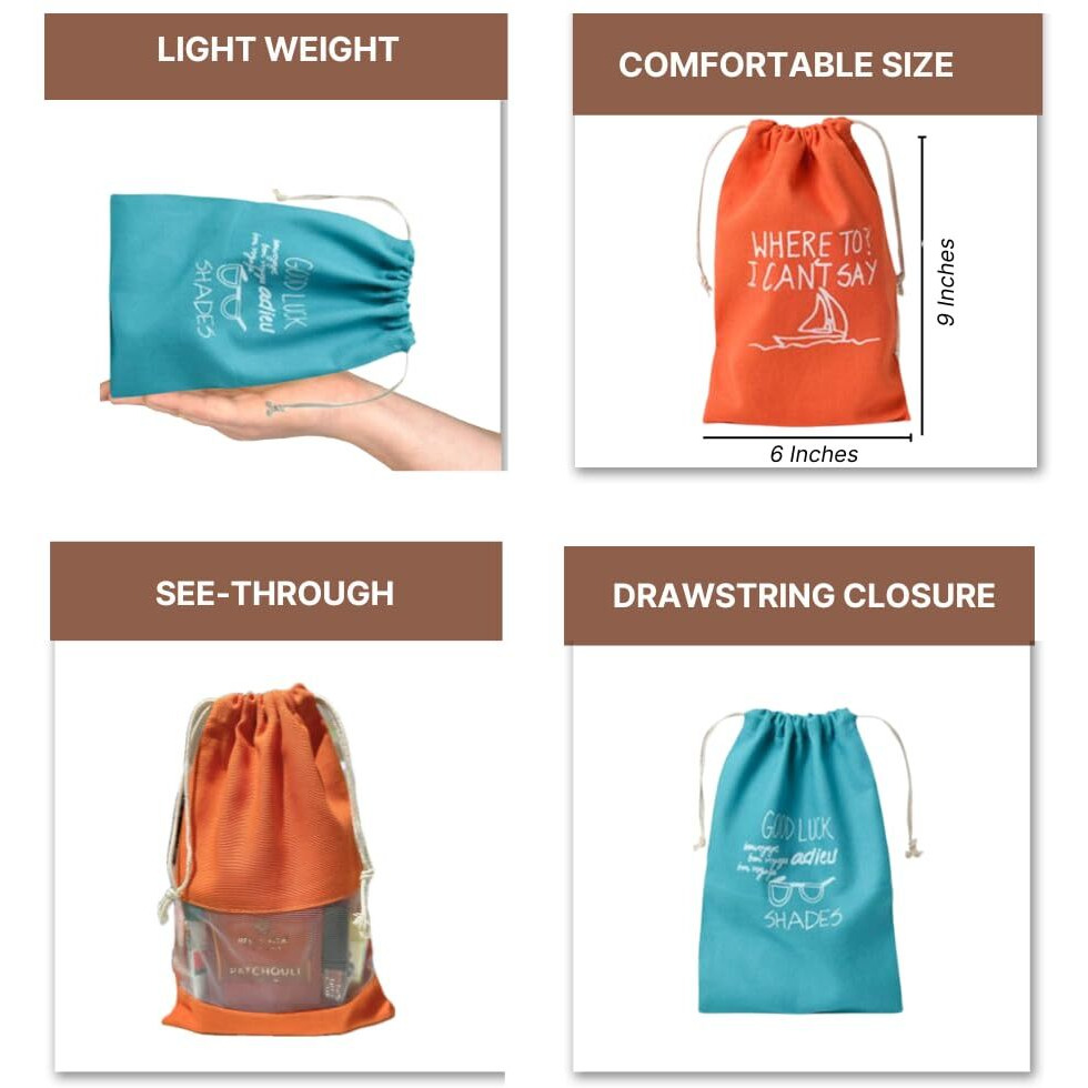 IVILLAGE Reusable and Washable Pure Cotton Fabric Travel Pouches / Bags with Drawstring Closure | Handcrafted Doodle Collection | Ideal for Earphones, Makeup, Sunglasses, Socks and Toiletries | Pack of 5 |Colored