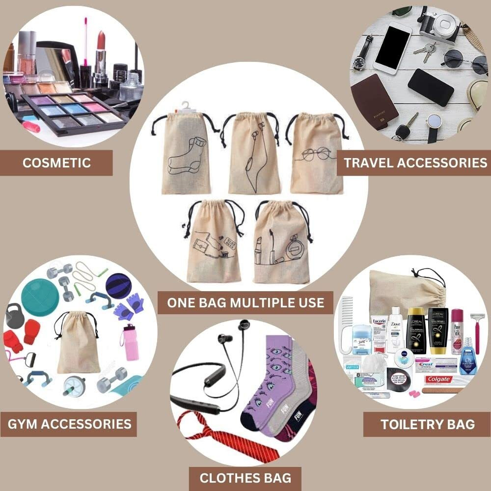 IVILLAGE Reusable Travel Combo with 5 Cotton Travel Pouches and 3 Shoe Cover For Travel(Men), Home & Storage - Pack Of 8