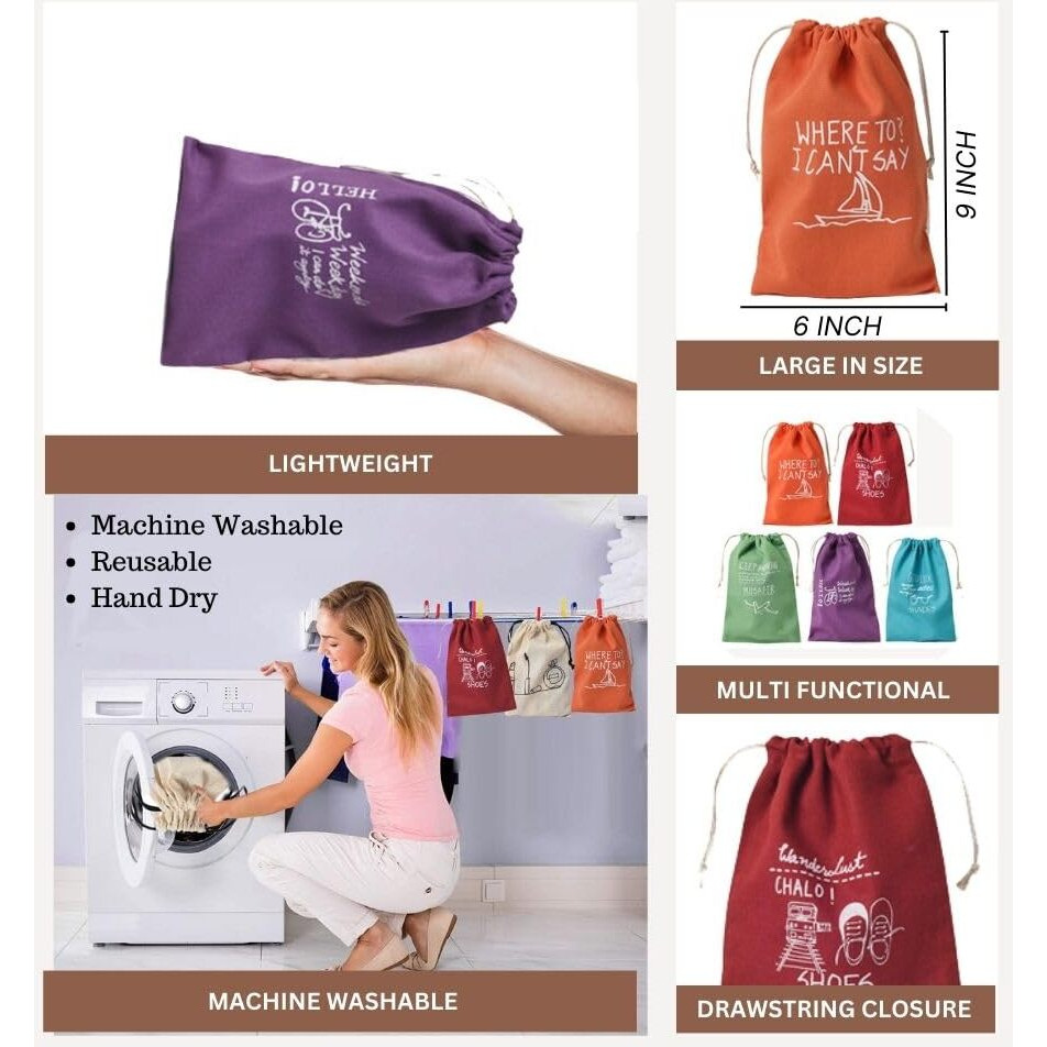IVILLAGE Reusable Travel Combo with 5 Cotton Travel Pouches and 3 Shoe Cover For Travel(Men), Home & Storage - Pack Of 8