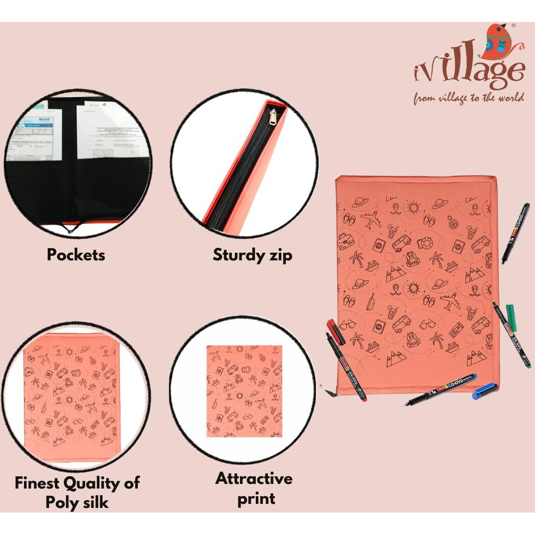 IVillage Poly Silk Printed File Folders | Suitable for Kids, Teenagers and Adults | Theme Based - Travel, Health,Wealth and Education| Lightweight, Durable and Eco - Friendly|Peach | Size  14 * 10 Inches