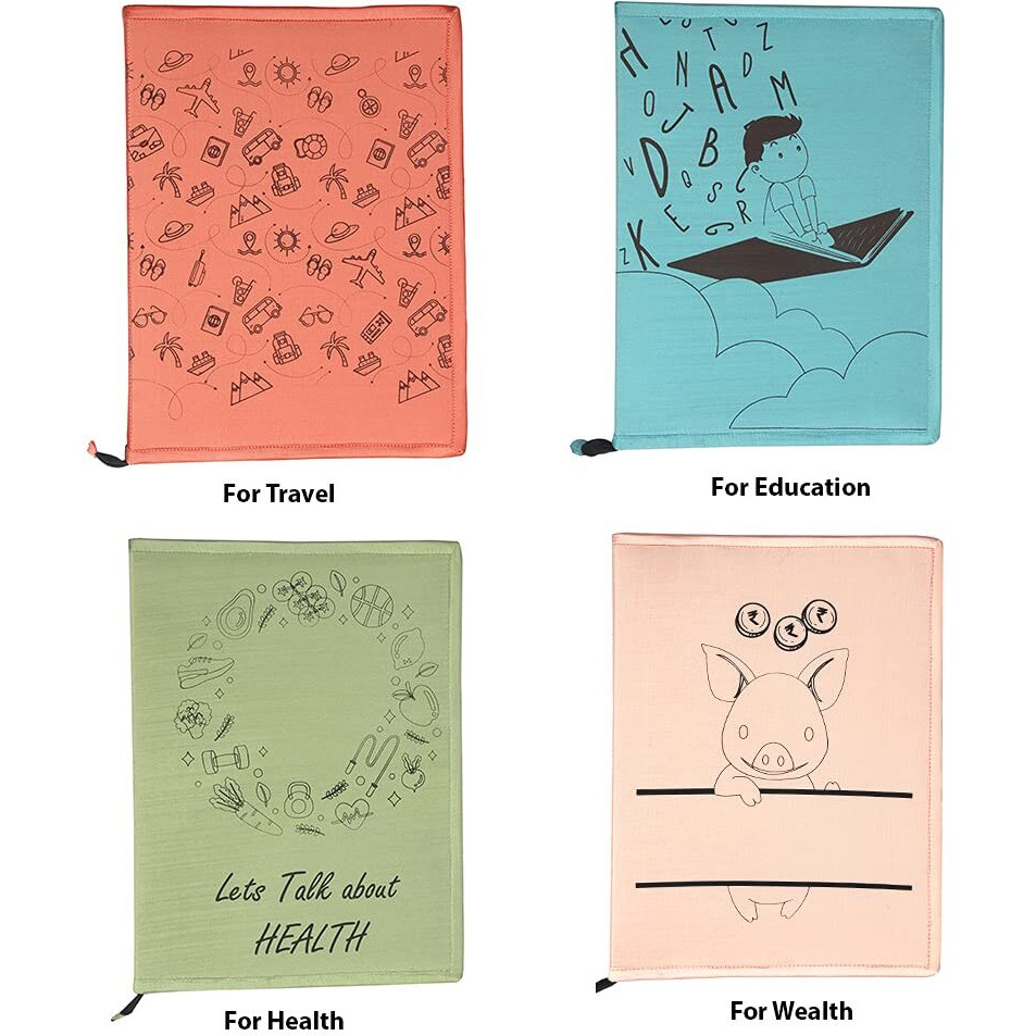 IVillage Poly Silk Printed File Folders | Suitable for Kids, Teenagers and Adults | Theme Based - Travel, Health,Wealth and Education| Lightweight, Durable and Eco - Friendly | Set of 4| Multicolor