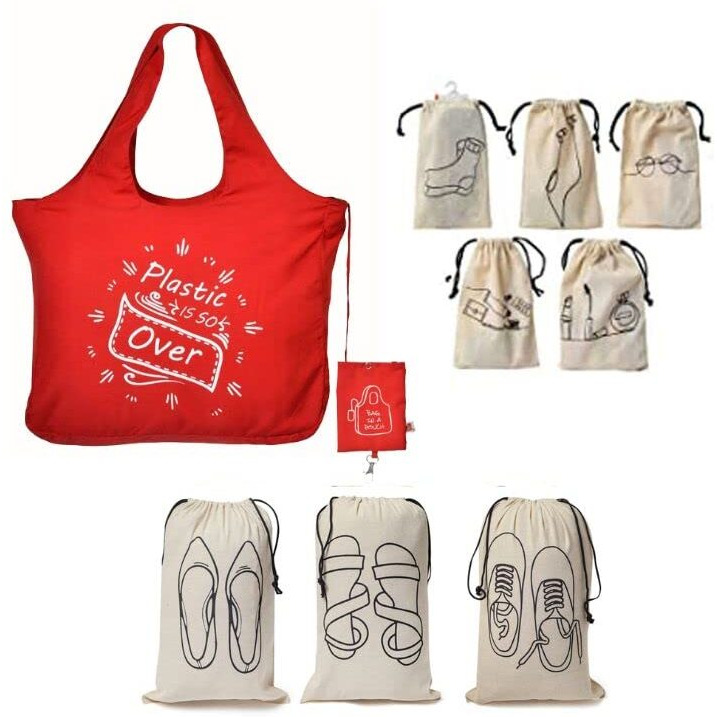 IVILLAGE Reusable Travel Combo with 1 Foldable Microfiber Tote Bag(Red), 5 Cotton Travel Pouches and 3 Shoe Cover For Travel, Home & Storage - Pack Of 9